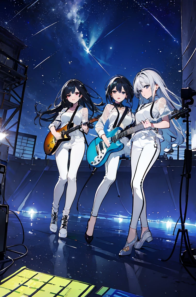 High resolution, (masterpiece:1.4), Very detailed, Three-piece girl rock band,Night view,PV shooting,Strumming guitar,Under the shooting star,from the front,See-through clothing(white tone)、tight、Skinny pants,lighting,Real, dark