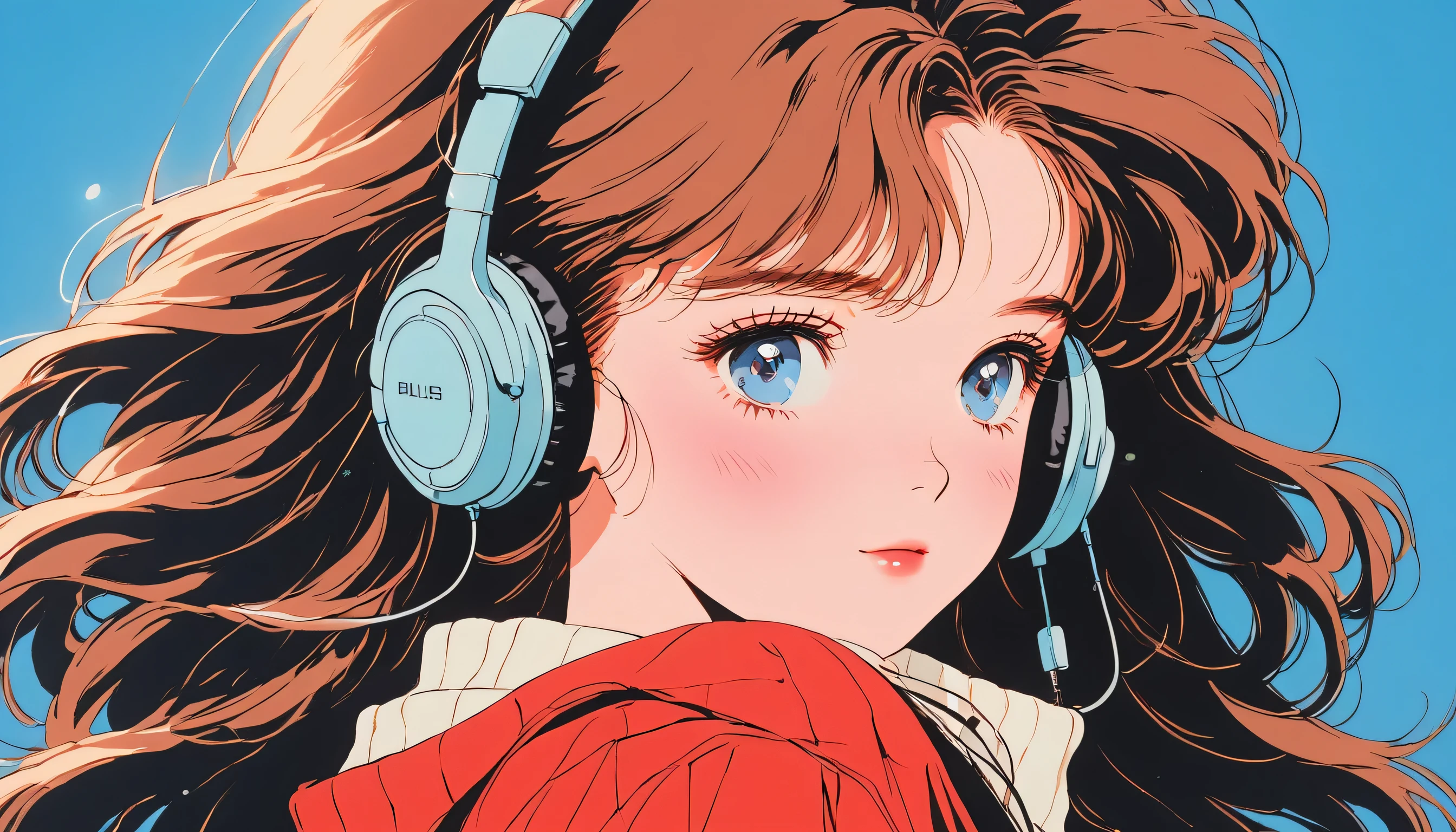 90’s anime style, 1990s style, clear, 1980s style, (blush:1.7), the highest quality, 8k, 1 woman, Only, lofi girl, lofi art, lofi feeling, looking at the viewer, very big eyes, wearing 1980s clothes, upper shot, close up, smiling, light brown eyes, skin white as snow, sparkling eyes, red hair, long hair, anime girl wearing wireless bluetooth headphones, solid blue background with no other elements