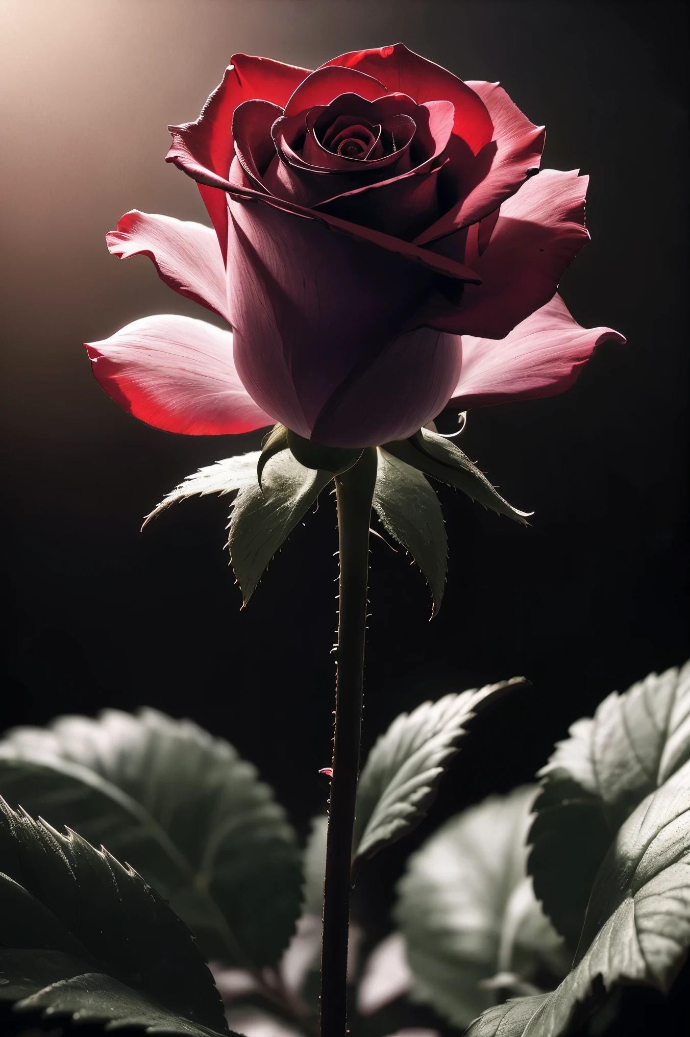 A solitary, long-stemmed rose, hyper-realistic close-up photograph, high contrast, intricate details, delicate petals, vibrant colors, natural lighting, photorealistic, 8k, masterpiece, studio lighting, HDR, ultra-fine painting, sharp focus, physically-based rendering, extreme detail description, professional, vivid colors, bokeh