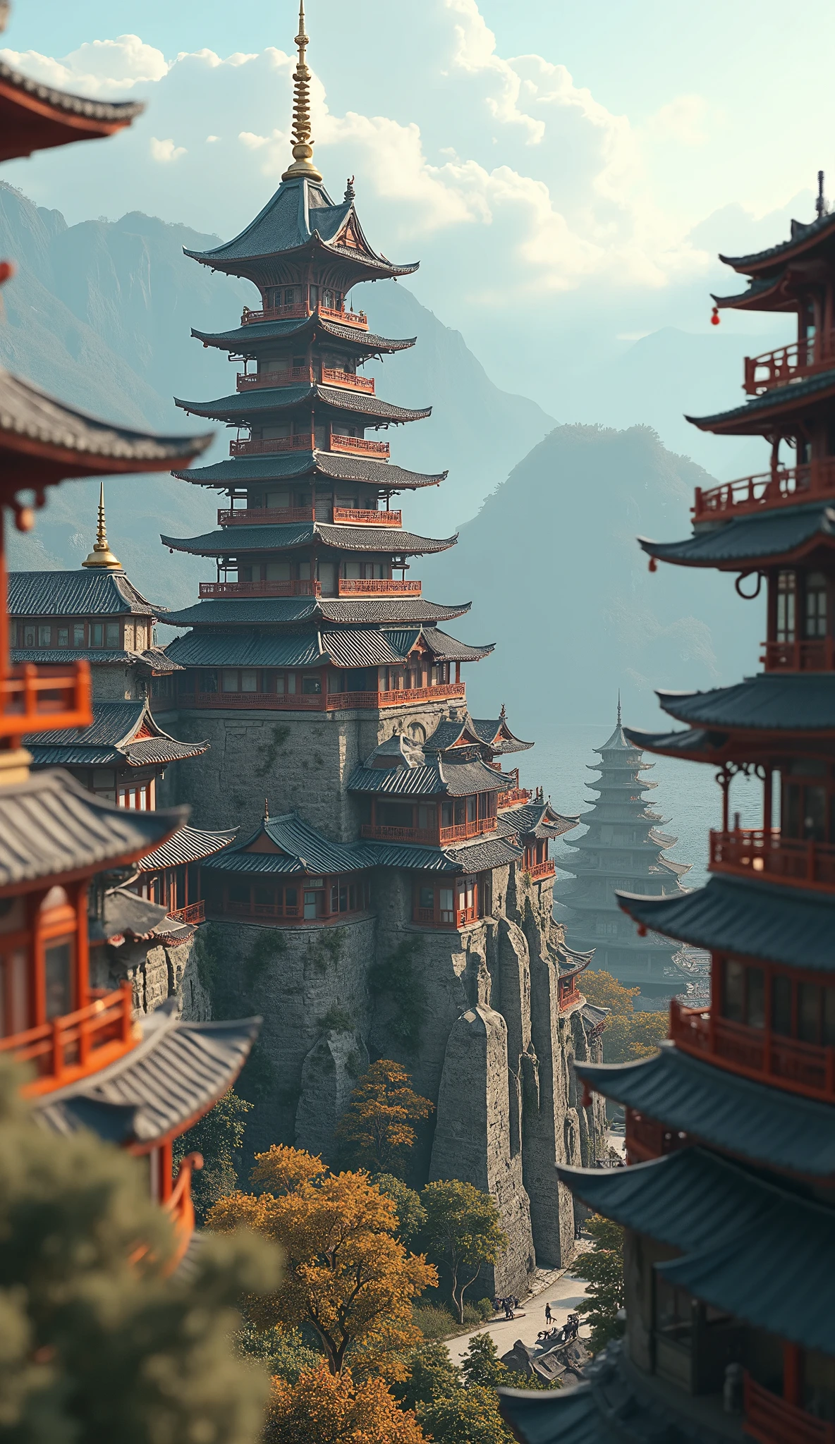 there are two pagodas in the middle of a mountain with fog, digital painting of a pagoda, cyberpunk chinese ancient castle, cyberpunk japanese temple, ancient chinese architecture, chinese building, beautiful render of tang dynasty, zen temple background, japanese temple, chinese architecture, dota matte painting concept art, pagodas on hills, 3d rendered matte painting