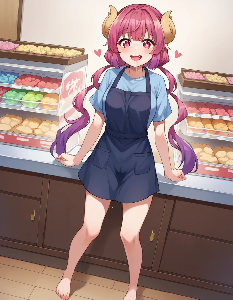 score_9, score_8_up, score_7_up, source_anime,
dragonilulu, ilulu, curled horns, horns, long hair, multicolored hair, purple hair, red eyes, red hair, slit pupils, happy, heart shaped pupils, saliva, drooling
shirt, short sleeves, apron, blue shirt, black apron, pants,
indoors, candy, candy store,
looking at viewer, cowboy shot, dutch angle, full body shot, barefoot, bare legs, fingering pussy, dripping wet pussy