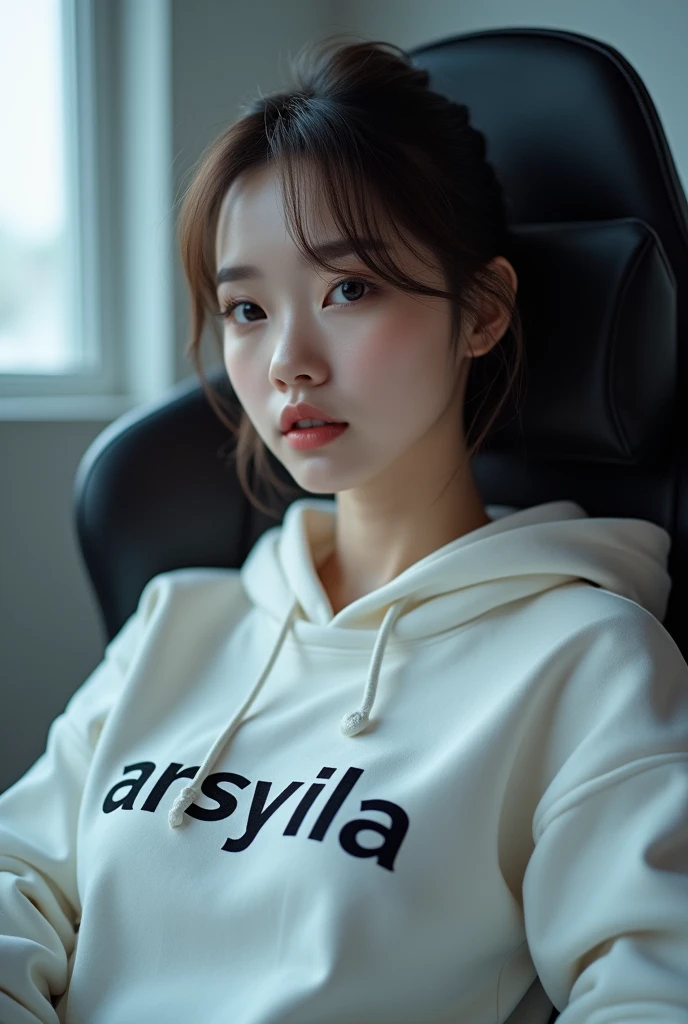 bloated Asian woman in a white sweatshirt, sentada em uma cama, Ulzzang, TaeJune Kim, menina coreana, menina usando capuz, Jaeyeon Nam, usando um capuz oversized, com capuz, Jinyoung Canela, Jennie Blackpink, Kim Doyoung, linda mulher coreana jovem, usando capuz, usando um capuz escarlate, usando um capuz rosa pastel