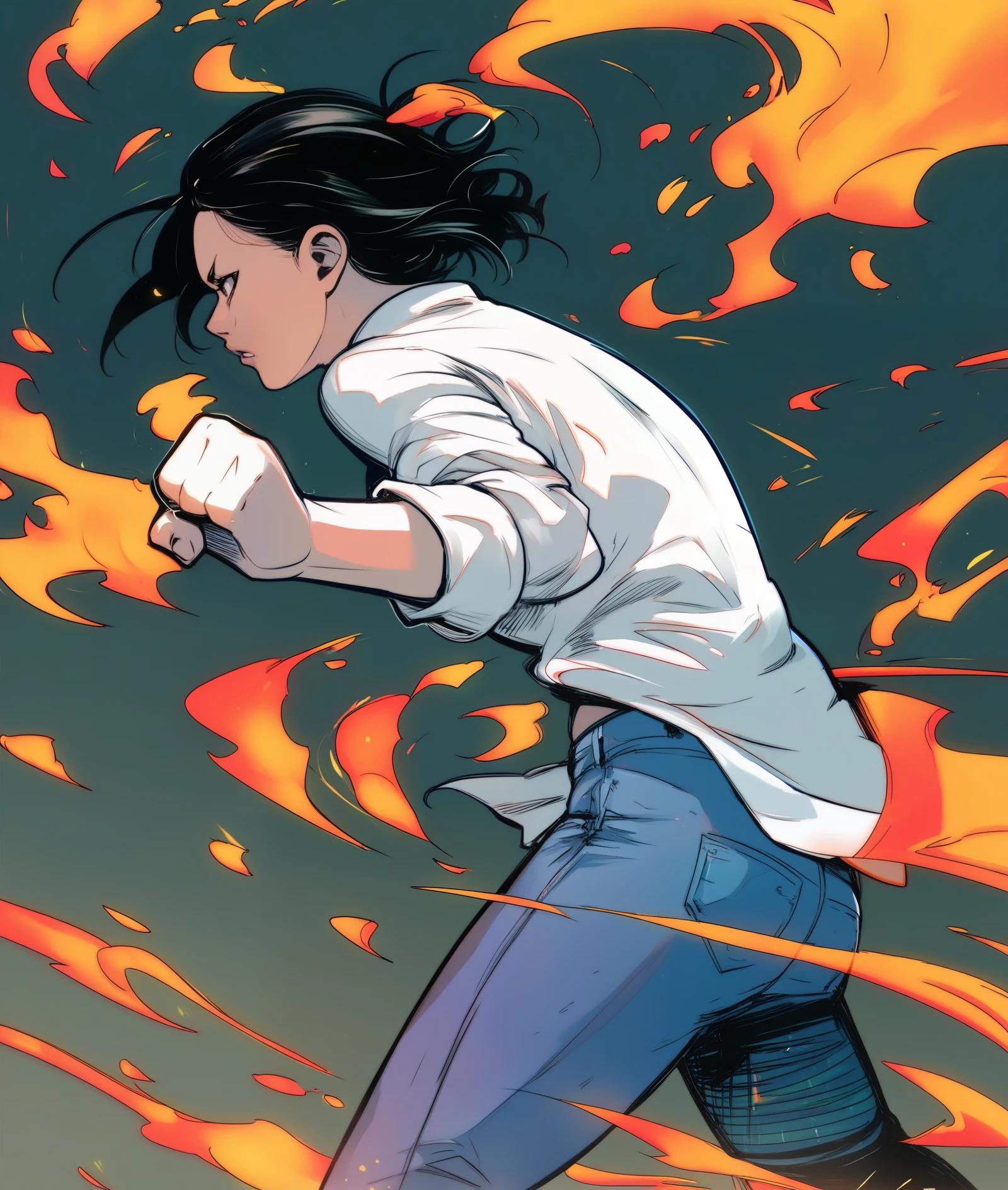 source_anime, score_9, score_8_up, score_7_up, score_6_up, hdz style, cel shading, linear hatching, Dynamic action pose, anime-style female character, punch with fiery energy swirl, clenched fist in the foreground, exaggerated foreshortening, intense expression, short black hair, casual outfit with rolled-up sleeves, white shirt and jeans, vibrant fire effects, high-contrast shading, bold outlines, energetic and powerful movement, minimal background.