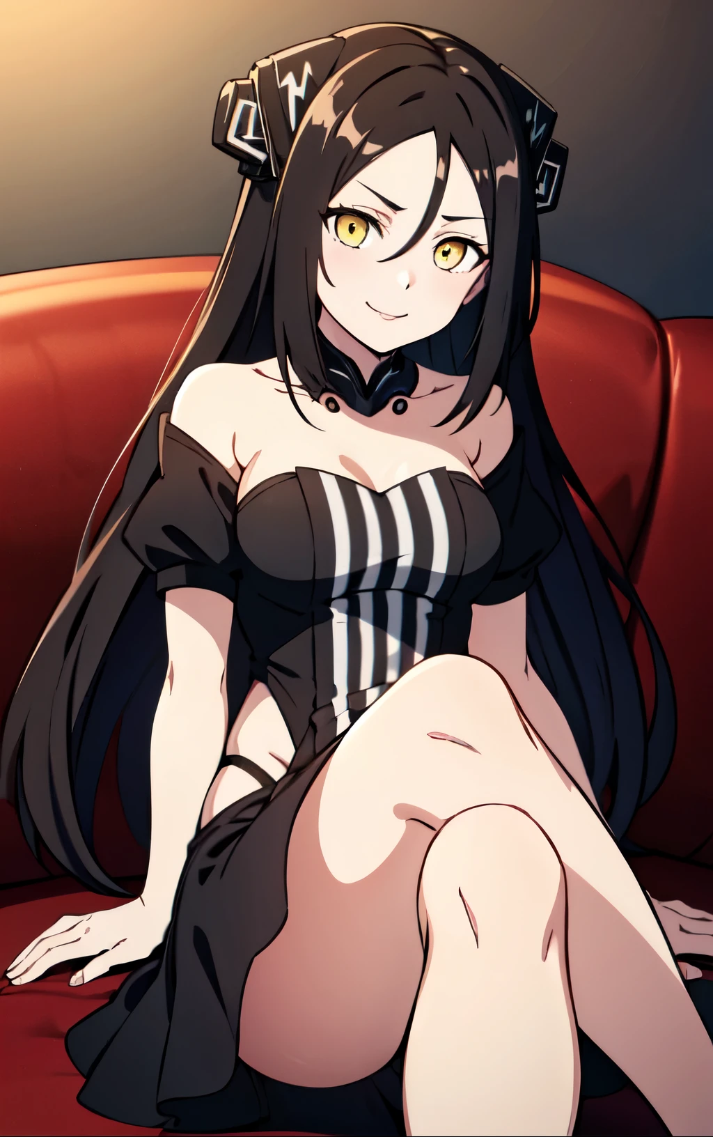 1GIRL,DREAMERNORMAL,SANGVIS FERRI,YELLOW EYES,BLACK DRESS,BARE SHOULDERS,VERTICAL STRIPES,HAIR BETWEEN EYES,HEADGEAR,DETACHED COLLAR,BLACK HAIR,HIP VENT,SHORT SLEEVES, 1girl, solo, facing viewer, looking at viewer, smile，Sexy legs，A spoiled look，A loving expression，Hold the viewer，Be full of love.