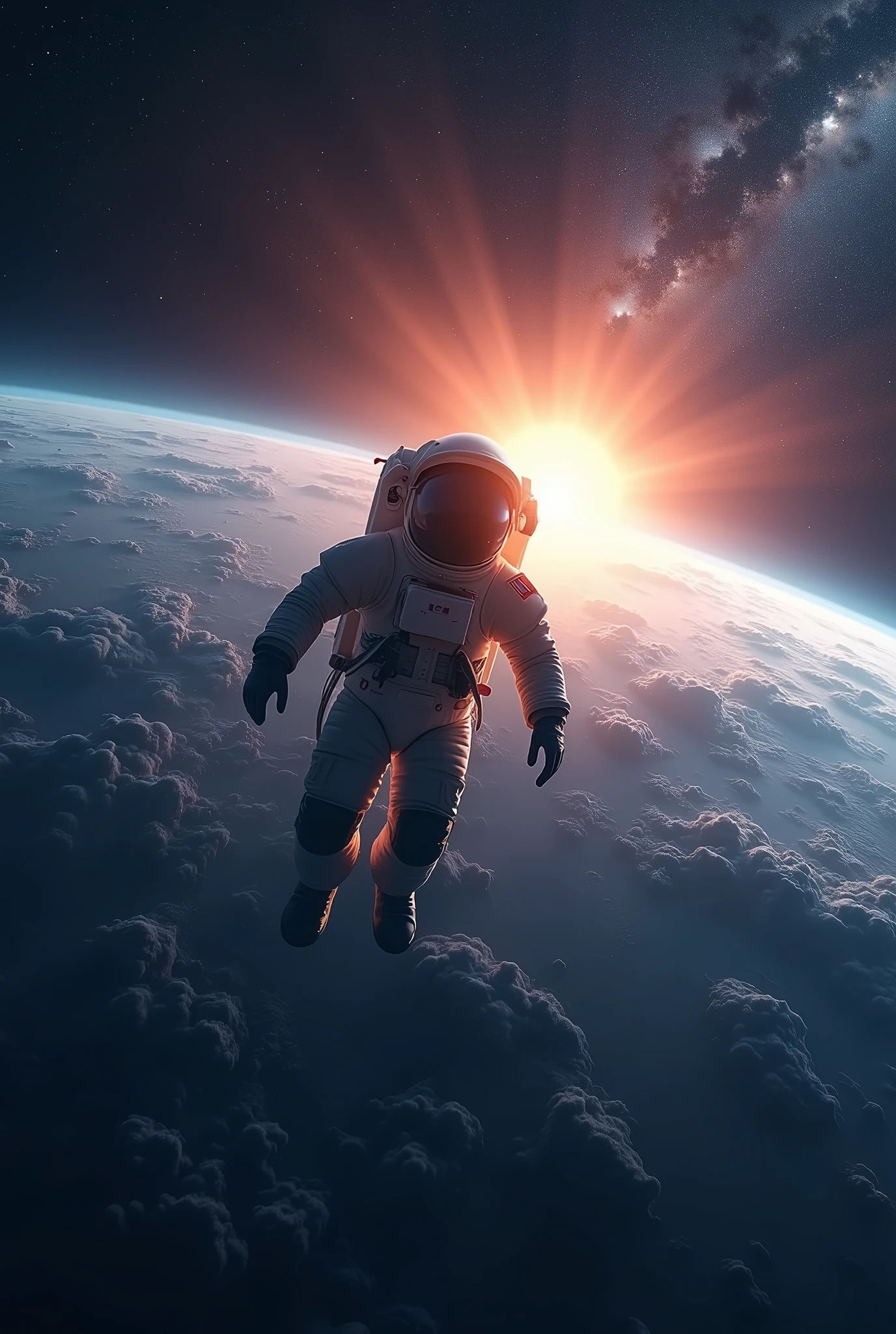 quality\(8k,wallpaper of extremely detailed CG unit, masterpiece,hight resolution,top-quality,top-quality real texture skin,hyper realisitic,increase the resolution,RAW photos,best qualtiy,highly detailed,the wallpaper,cinematic lighting,ray trace,golden ratio\), BREAK ,solo,1astronaut wearing space suit floating aimlessly in the galaxy\(dark,beautiful,beautiful stars\) and behind him a beautiful dazzling sun surely rising from behind the large beautiful (blue earth:1.6),(long shot:1.5)