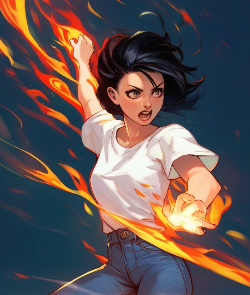 source_anime, score_9, score_8_up, score_7_up, score_6_up, hdz style, cel shading, linear hatching, Dynamic action pose, anime-style female character, fiery energy swirl, exaggerated foreshortening, intense expression, short black hair, casual outfit with rolled-up sleeves, white shirt and jeans, vibrant fire effects, high-contrast shading, bold outlines, energetic and powerful movement, minimal background.
