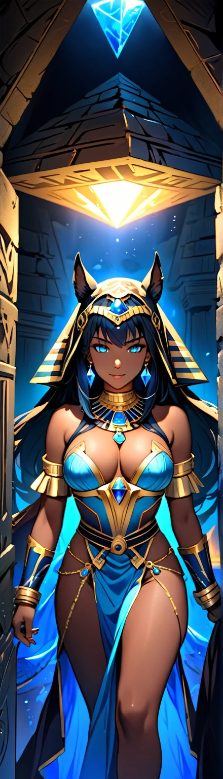 (masterpiece:1.2, Highest quality,Highest quality,Very detailed:1.2),8k,wallpaper,Female Anubis God,(Detailed face:1.2,Beautiful Face,Beautiful Skin,Dark Skin,Beautiful Hair),(functional),(Revealing clothing),(Shining Jewelry),(Shiny costumes),(Costume details:1.4),(彼女は暗いDoor to the underworldを開こうとしている:1.6),((Eyes glowing blue:1.6)),(The dark aura of the underworld:1.6),(dynamic),(Dark atmosphere of the underworld:1.6),(((Under the Pyramid,Door to the underworld)))