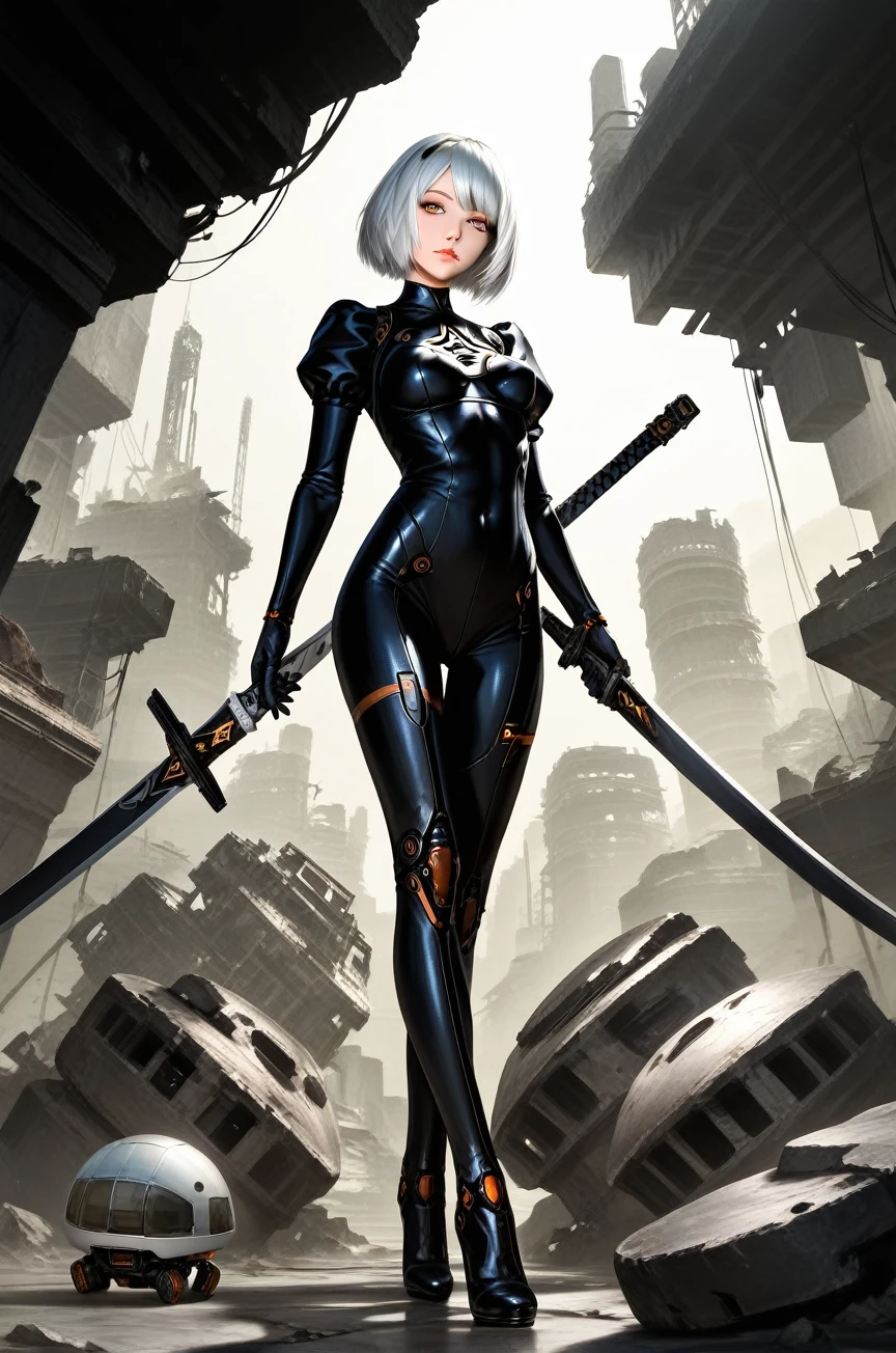 anime - style illustration of a woman in a futuristic suit with a sword, best anime 4k konachan wallpaper, 2b nier automata, 2 b, 2b, dominatrix robot, dominatrix, biomechanical oppai, high heels. anime style at pixiv, oppai cyberpunk, commission for high res, 2 b from nier automata