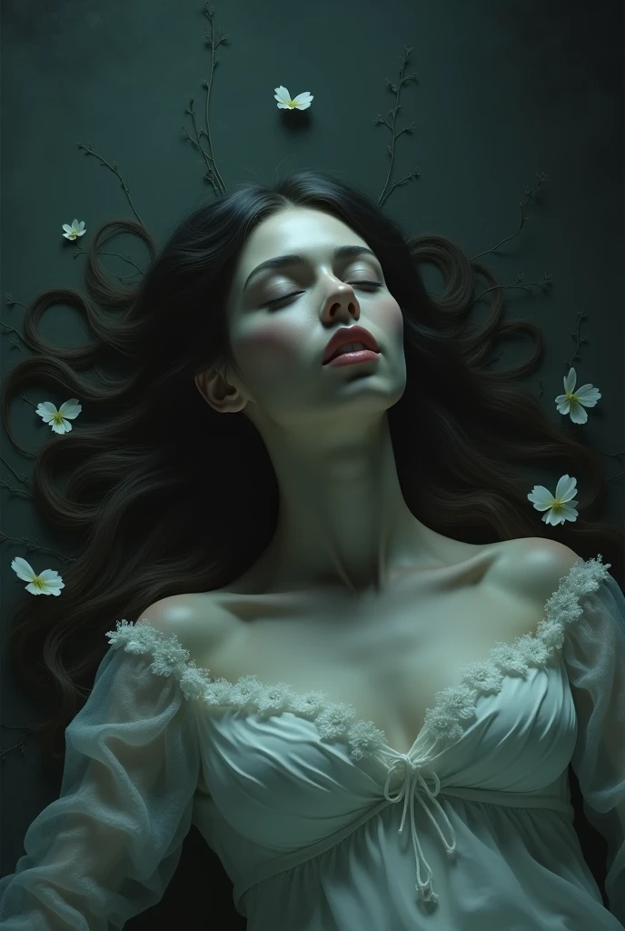 A dead woman's body, Eyes closed, half fermented, half hidden in a swamp, wild roses, Full of details and textures. It's horrible and beautiful at the same time.