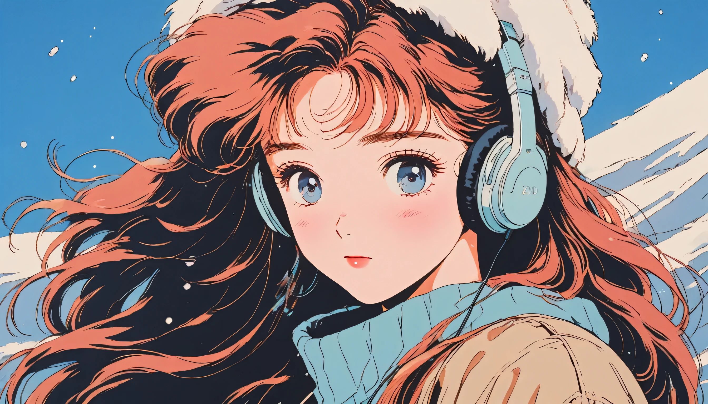 90’s anime style, 1990s style, clear, 1980s style, (blush:1.7), the highest quality, 8k, 1 woman, Only, lofi girl, lofi art, lofi feeling, looking at the viewer, very big eyes, wearing 1980s clothes, upper shot, close up, smiling, light brown eyes, skin white as snow, sparkling eyes, red hair, long hair, anime girl wearing wireless headphones, solid blue background with no other elements