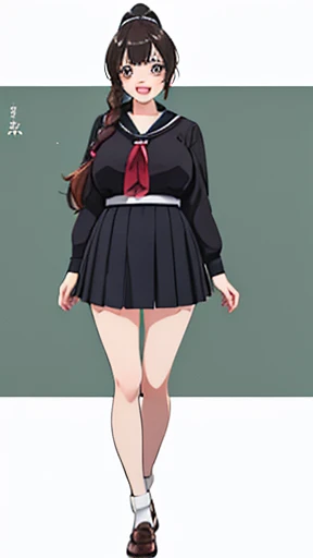 Beautiful Anime Girls, young, Teacher Lookbook、(((Full body image)))、(((smile)))、Open your mouth a little、Micro Mini Skirt、Ultra mini skirt、ponytail、Braids、Long Hair、Big Breasts、Japanese、low length、((Best Quality、8k、masterpiece:1.3)),((((Full Body Shot)))),Ultra-high resolution