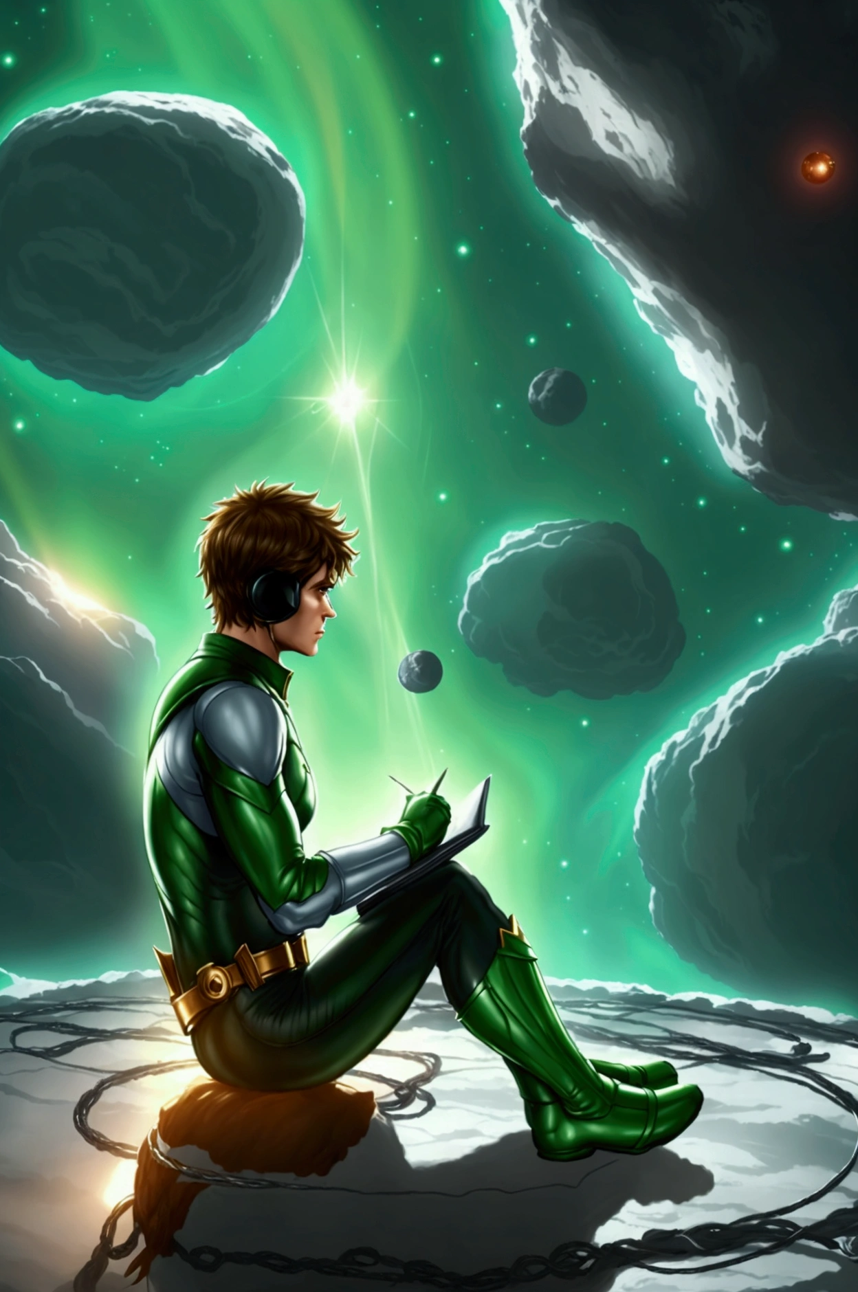 Green Lantern sitting on a research platform floating in the middle of the asteroid belt.. He studies with a notebook., Surrounded by several asteroids that glow with a fiery aura.. Dramatic lighting from distant stars and planets illuminates the scene., Casting deep shadows on the costume.. The young man seems confident and determined., observing the vast and mysterious universe with wonder and respect, facial hair, Cowboy Shot,