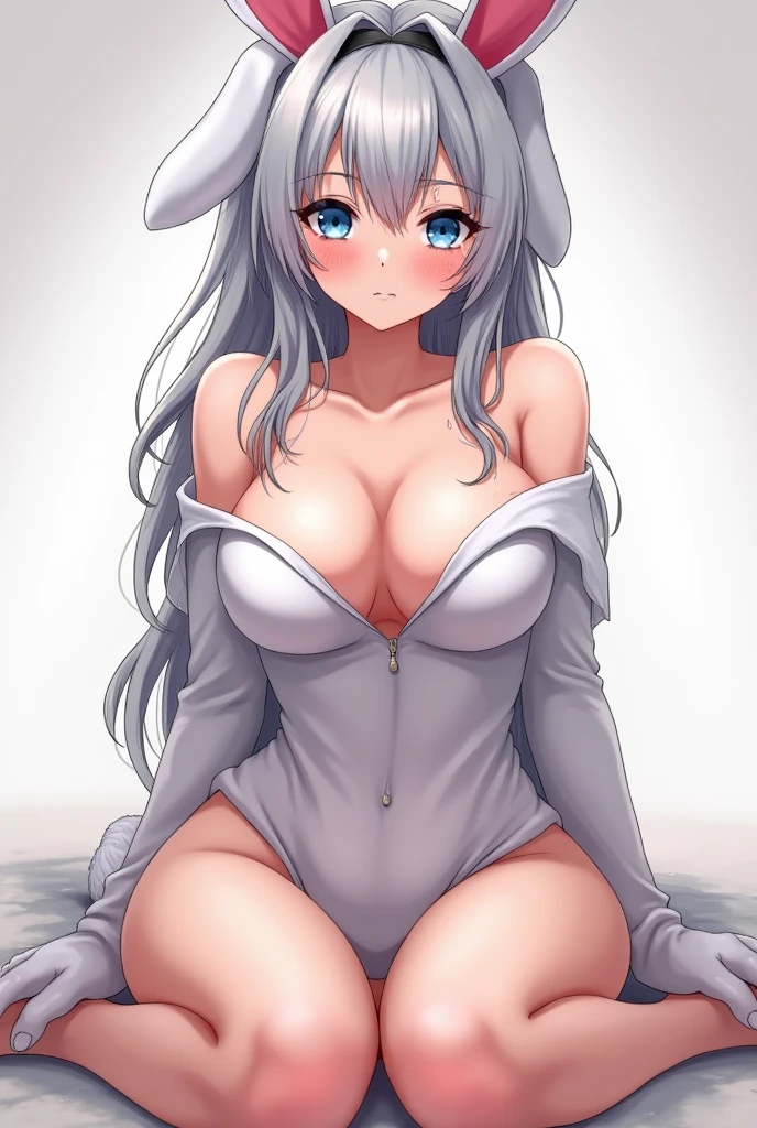 nsfw,1girl,best quality,very aesthetic,absurdres,White hair,(lop-eared,Rabbit headband),looking at viewer,straight on,Curvy,(shiny skin:1),knees