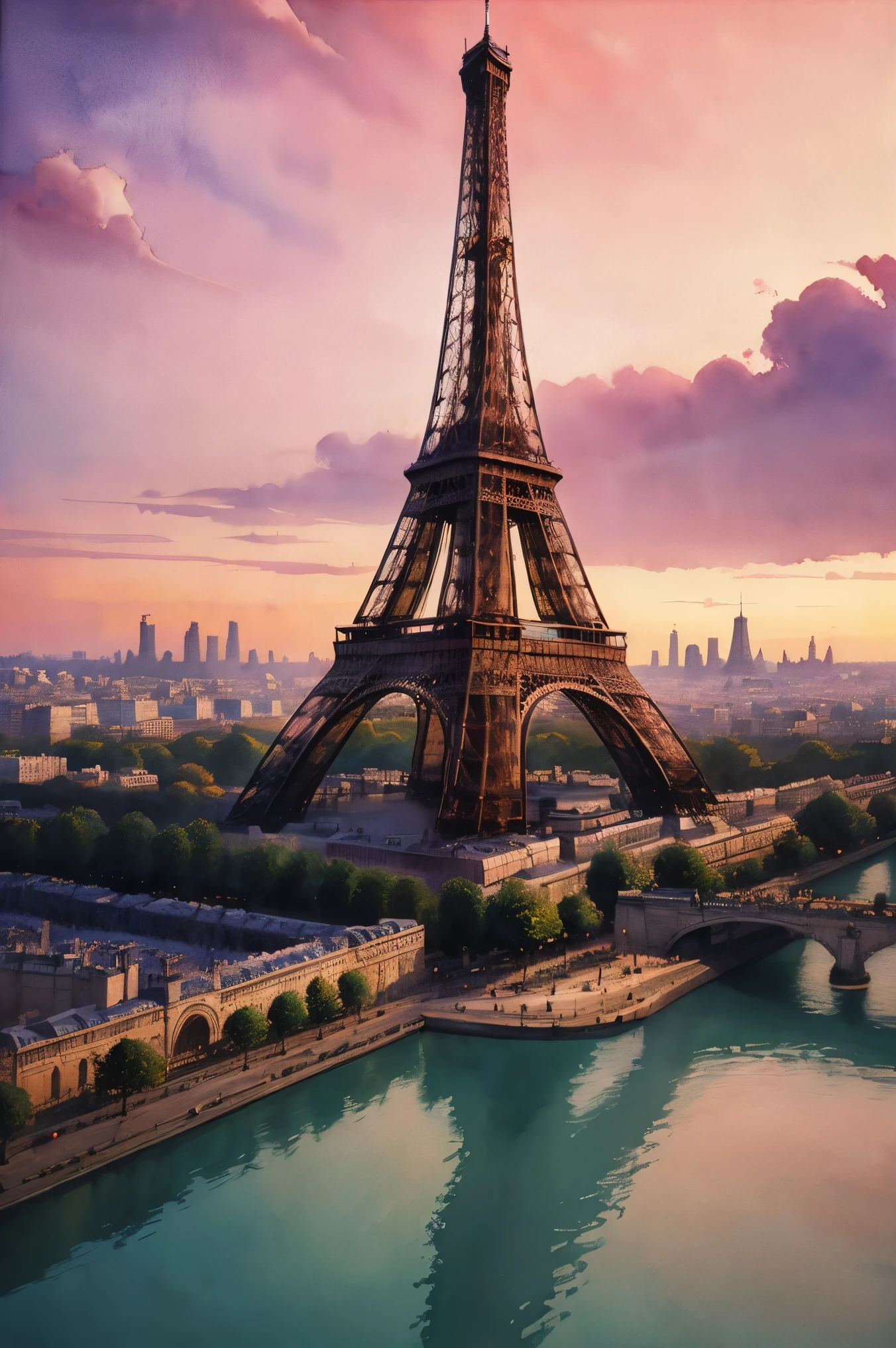 an oil painting of the eiffel tower in paris, in the style of vibrant watercolor landscapes, light red and violet, luminous and dreamlike scenes, luminous reflections, pictorial dreams, skillful lighting, urban fairy tale 