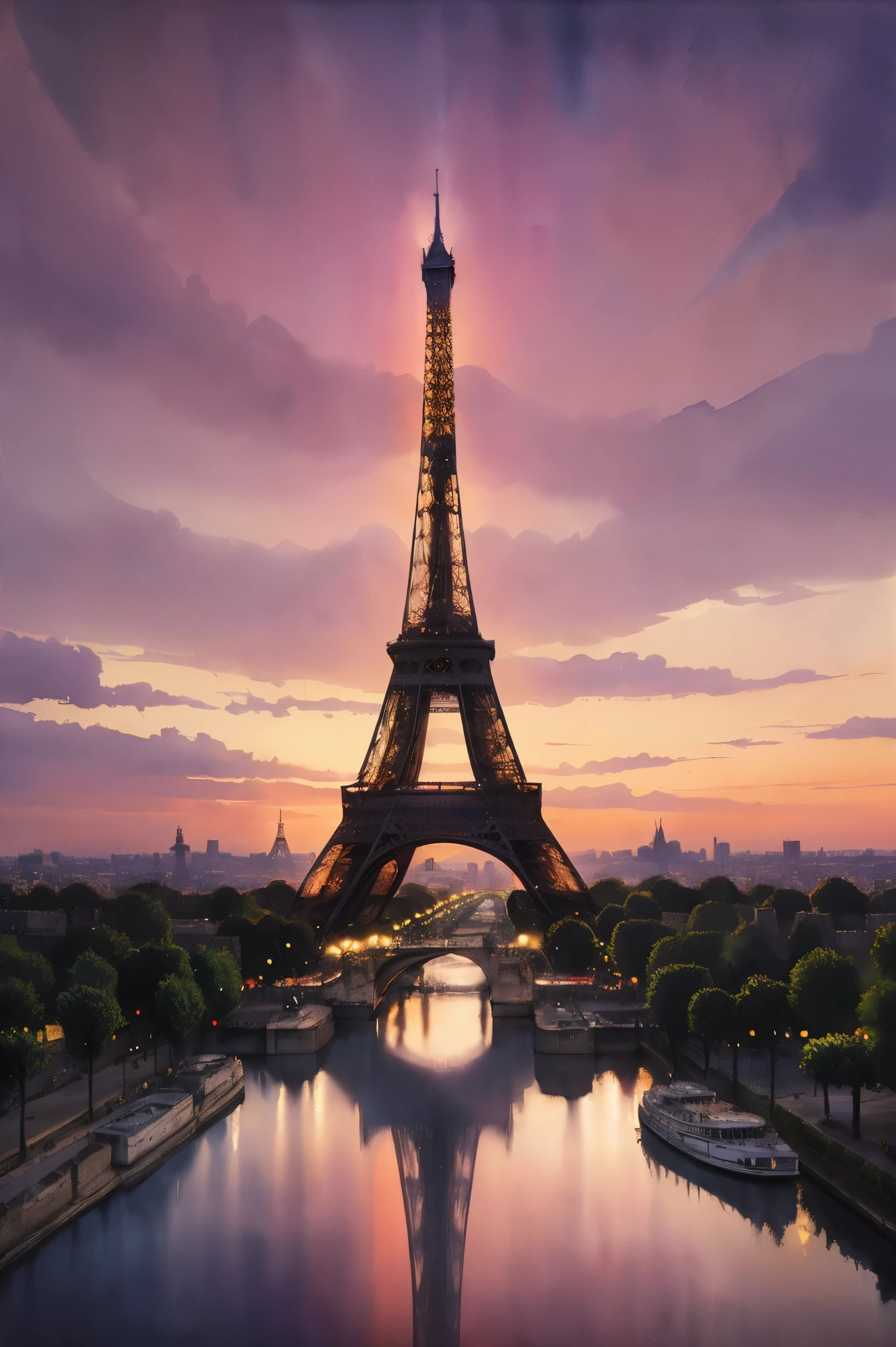 an oil painting of the eiffel tower in paris, in the style of vibrant watercolor landscapes, light red and violet, luminous and dreamlike scenes, luminous reflections, pictorial dreams, skillful lighting, urban fairy tale 