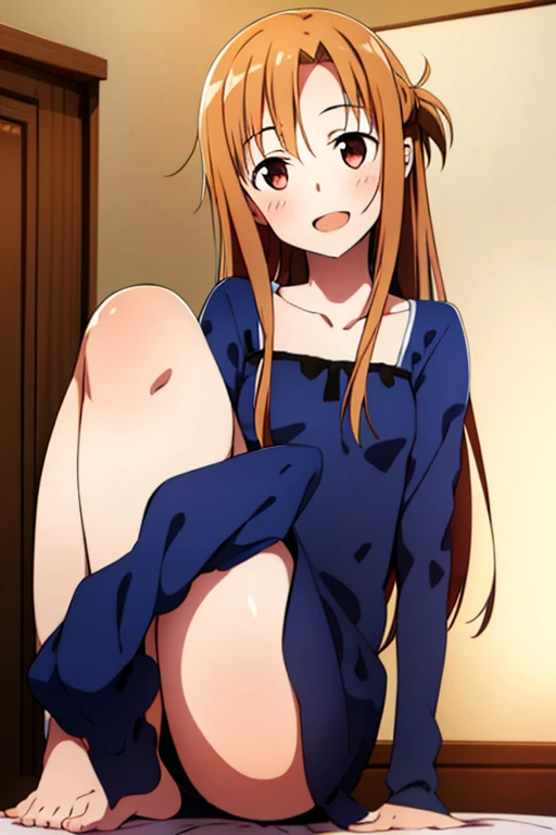 ((Best Quality)), ((masterpiece)), (be familiar with), Perfect Face, indoor, bedroom, Watching the audience,
One woman, Yuuki Asuna,
Open Mouth, Ecstatic expression, blush, smile,
Small breasts, Flat Chest, , , child, Girl,
Long Hair, Long Hair,
Leg spread,