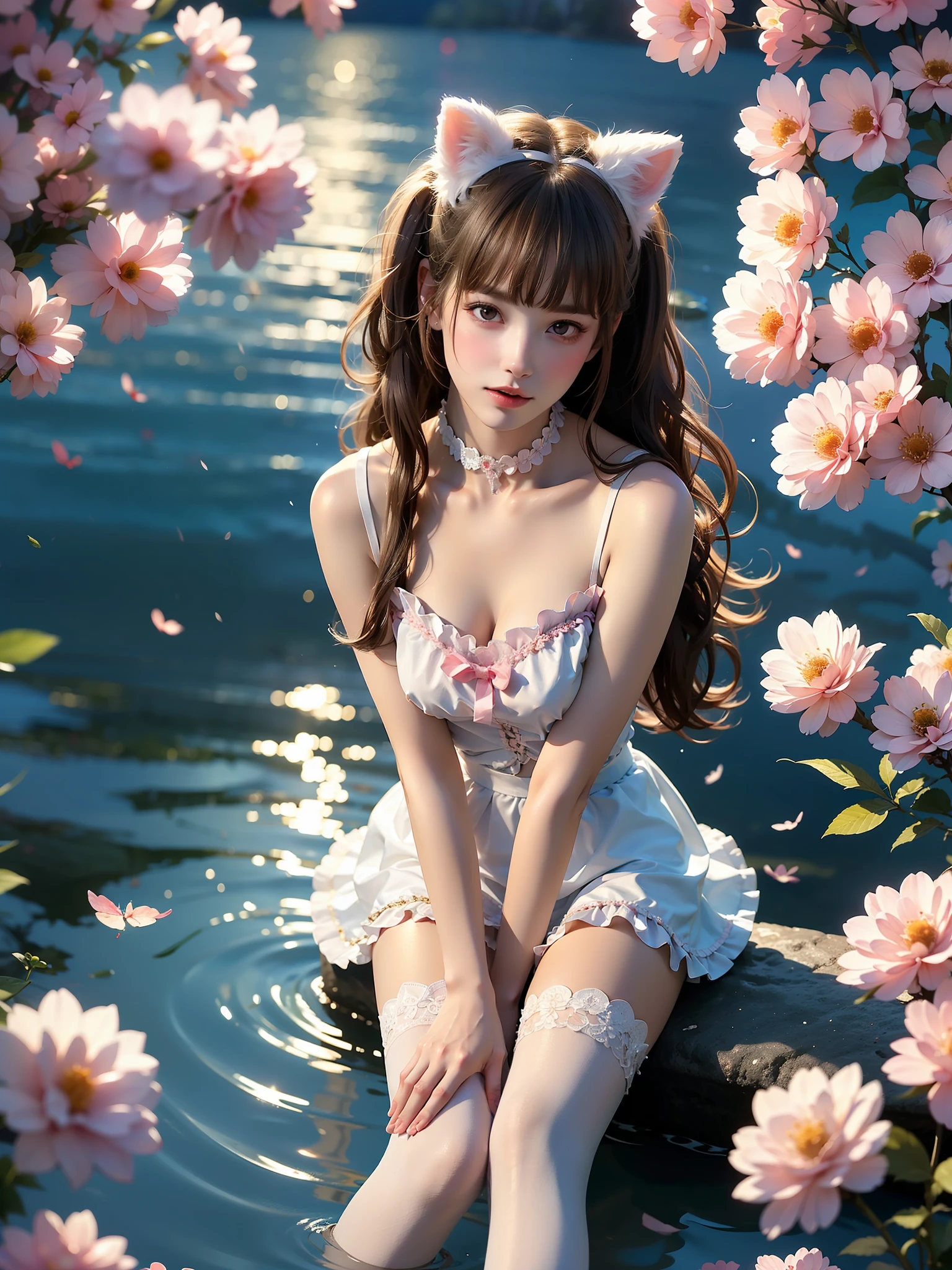 dress,animal ears,thighhighs,twintails,apron,cosplay,frilled choker,, (High quality details), 1 girl, Solitary, Young women, Elegant Posture, ((night, moonlight)), (Curvy body，Lying in water naturally，River Water，rock, Relaxed expression), (Focus on natural body posture and correct anatomy:1.3), (Perfect leg proportions:1.3)，(True and accurate leg shape:1.2), ((Natural leg position)), One hand stroked the hem of the skirt, Lift the hem of your skirt, Bare shoulders, Natural posture, Soft expression, Exquisite makeup, Soft blush, Bright eyes, Soft lips, Flower fairy style, ((Anatomically accurate)), (Real and natural legs), Smooth skin, Soft lighting, high resolution, 8K Ultra HD, Clear focus, Professional photography effects, Random elegant scenes, Multi-angle shooting