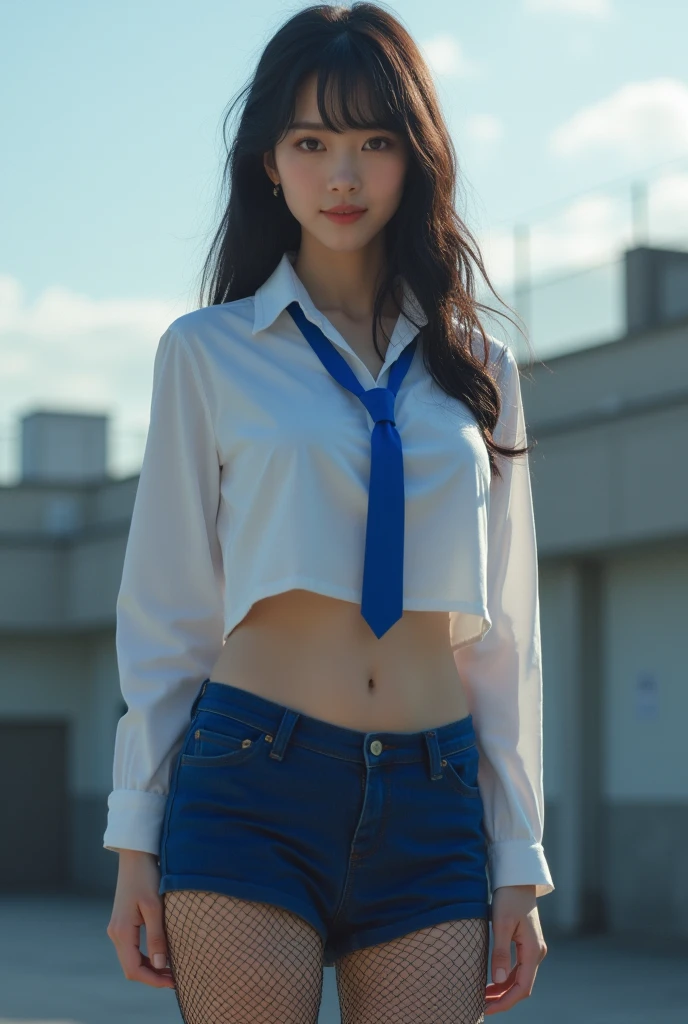 1 Asian Woman, jumping, dynamism, full body, A very beautiful and charming face, beautiful light brown hair, intense black eyes, strong eye highlights, small breasts, lip gloss, shy smile, parted lips, high school uniform, sheer white shirt,navy blue short plears skirt, white lace panties, cameltoe, black stockings, zettai ryouiki, soft wind, sunset, on the rooftop, Looking up from the floor,flipping skirt, her panties sticking out in front .