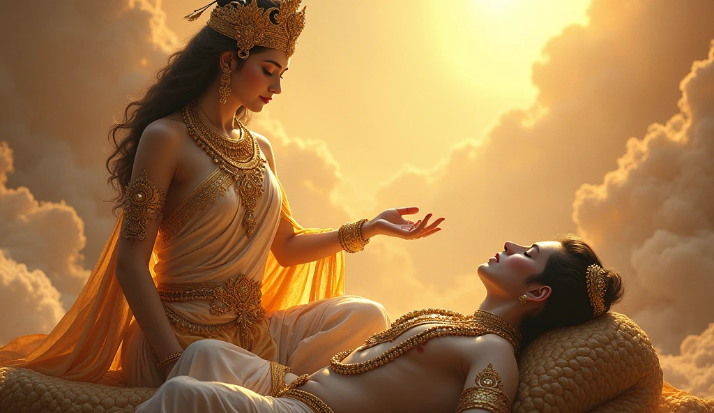 Create an image of an Aztec woman and man, and their respective clothing and plumes asleep on a cloud, Seen from a little distance and from behind