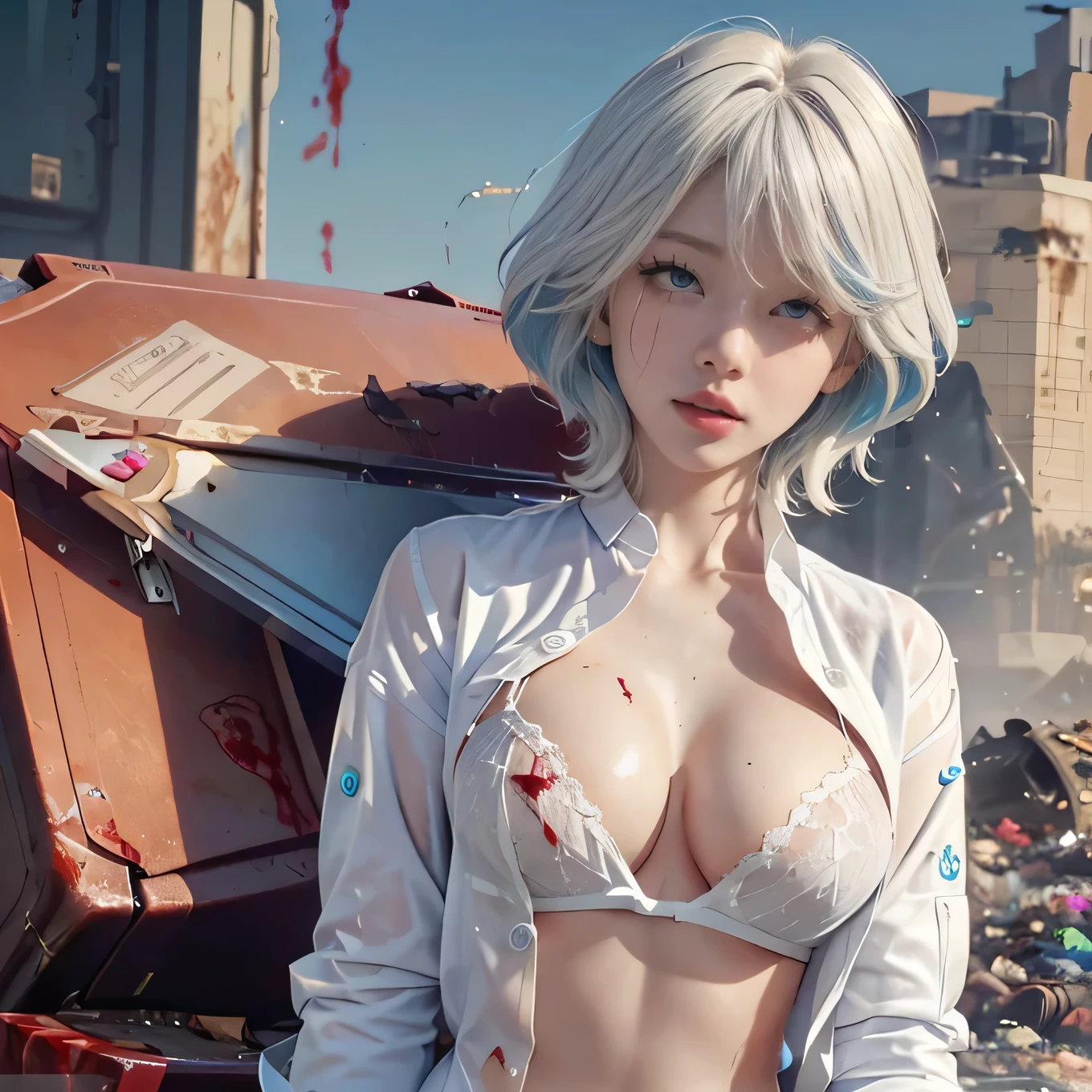 big breast,rainbow color hair,short hair,20 years old white woman,(sexy posing),(location is garbage dump:1.4),(sunny:1.4),wet,sweat,(one woman),(one man),(woman full body shot),masterpiece,8k,realistic,perfect anatomy,(white unbutton torn shirt and lingerie:1.4),(sfw:1.4),(spurt of blood:1.4),