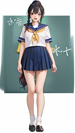 Beautiful Anime Girls, young, Teacher Lookbook、(((Full body image)))、(((smile)))、Open your mouth a little、Micro Mini Skirt、Ultra mini skirt、ponytail、Braids、Long Hair、Big Breasts、Japanese、low length、((Best Quality、8k、masterpiece:1.3)),((((Full Body Shot)))),Ultra-high resolution、Sailor suit