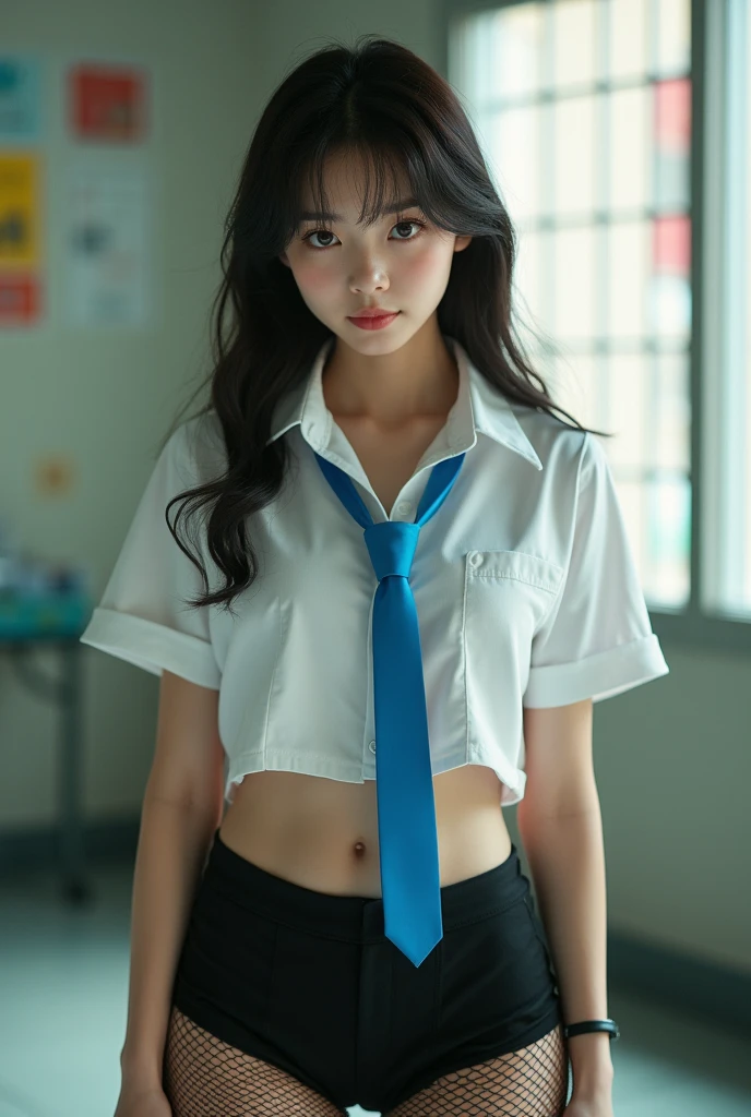 Highest quality、Ultra-high resolution、(Realistic)、18-year-old girl、((((school uniform open))))、((((I can see her nipples)))),Hyper Detail、Super Realistic、(Realistic)、More about beautiful skin、(masterpiece:1.0)、(Highest quality)、(Ultra-high resolution)、8K resolution、Canon EOS R5、135mm、Absurd、Very detailed、Sharp focus、Fine skin、(((Chirarizum、Small breasts)))