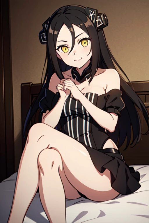 1GIRL,DREAMERNORMAL,SANGVIS FERRI,YELLOW EYES,BLACK DRESS,BARE SHOULDERS,VERTICAL STRIPES,HAIR BETWEEN EYES,HEADGEAR,DETACHED COLLAR,BLACK HAIR,HIP VENT,SHORT SLEEVES, 1girl, solo, facing viewer, looking at viewer, smile，Sexy legs，A spoiled look，A loving expression，Hold the viewer，Be full of love，Beautiful legs，Love the viewer，On the bed，As lovers.