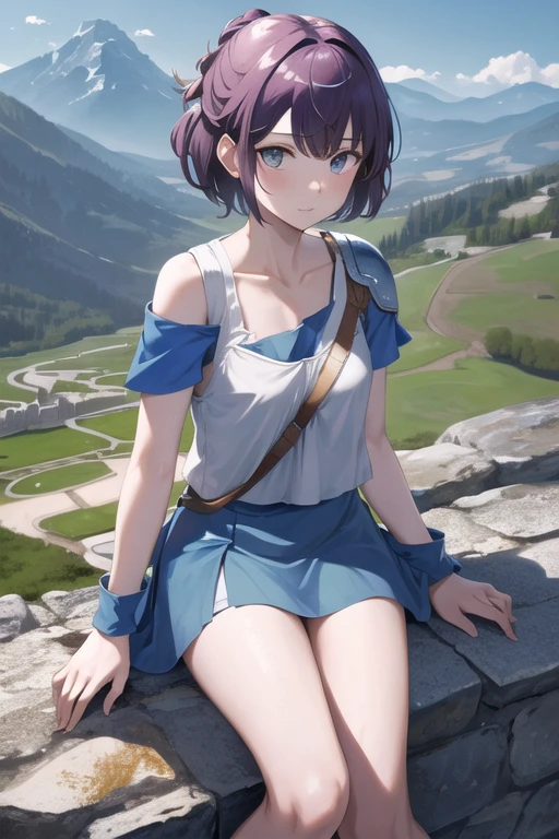 masterpiece, Best Quality, High resolution, Hope 1, Arles Naja, One girl,  Half Up, Alone, Blue Skirt, Blue short sleeve, armor, clavicle, White shirt, wrist cuffs, side, Mountain, rock,