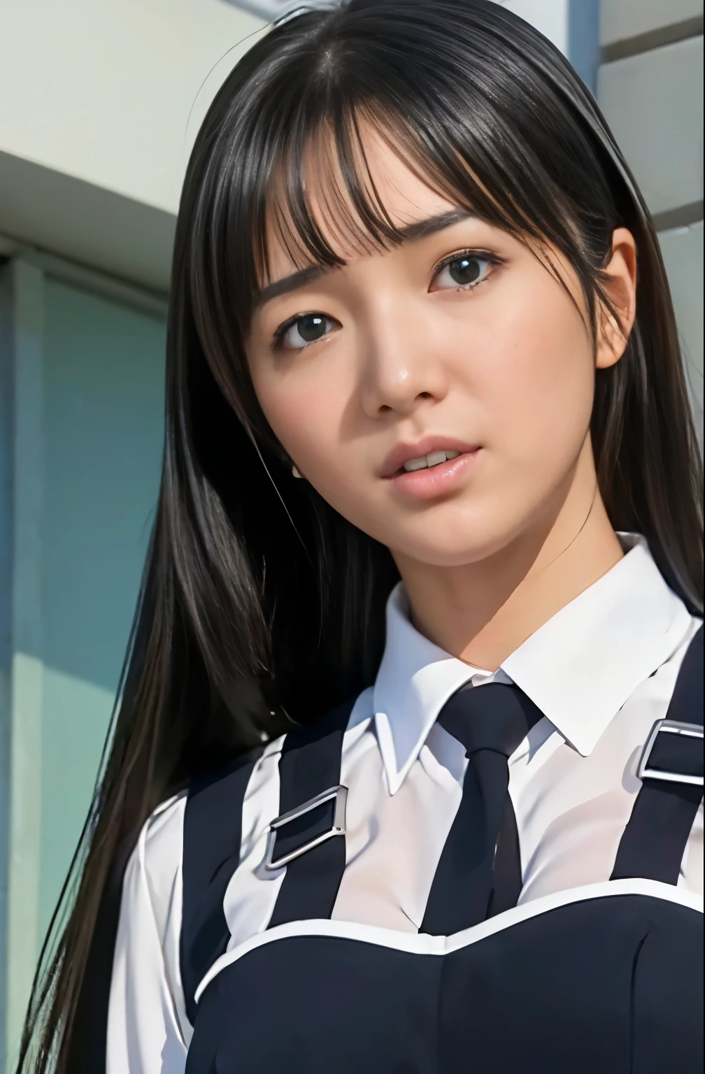 photorealistic, detailed, masterpiece, high resolution, 1 pretty school girl, rika shiraki, emerald sparkle eyes, platinum black hair, forehead, bangs, partial vertical curly hair, surprised expression, about to weep, braless, peace sign, all clothes see-through so much, Ivanka Trump, kitagawa keiko, presenting her hardened erect nipples, 