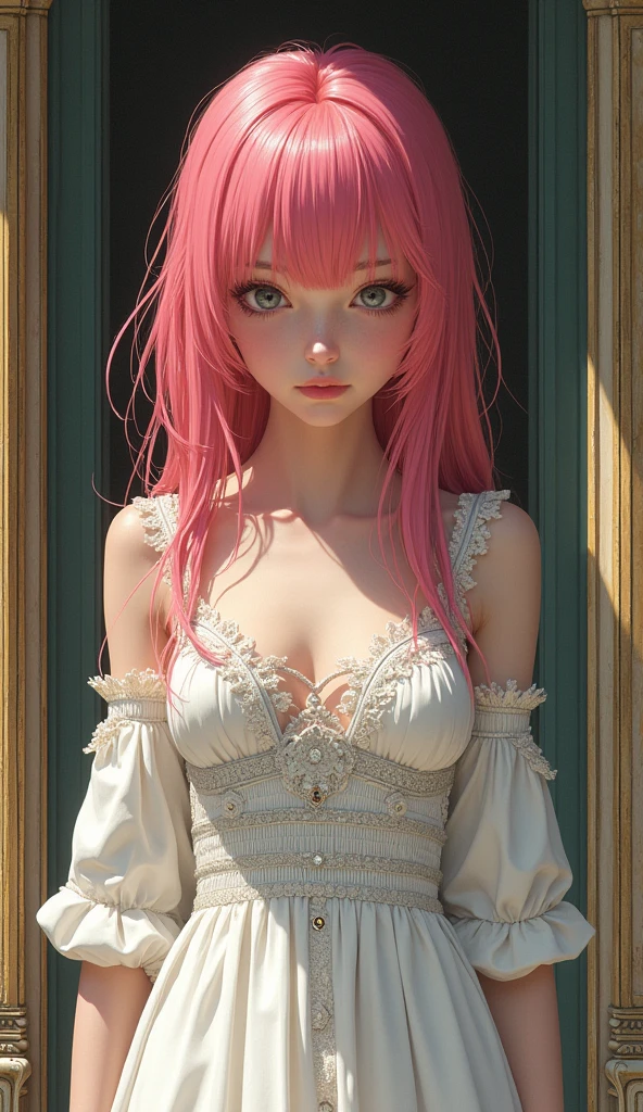 Masterpiece, best quality, super detailed, illustration, beautiful detailed eyes, close up, 1 girl, pink hair, white dress, villa doorway, standing position, face down