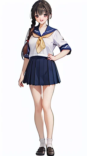 Beautiful Anime Girls, young, Teacher Lookbook、(((Full body image)))、(((smile)))、Open your mouth a little、Micro Mini Skirt、Ultra mini skirt、ponytail、Braids、Long Hair、Big Breasts、Japanese、low length、((Best Quality、8k、masterpiece:1.3)),((((Full Body Shot)))),Ultra-high resolution、Sailor suit