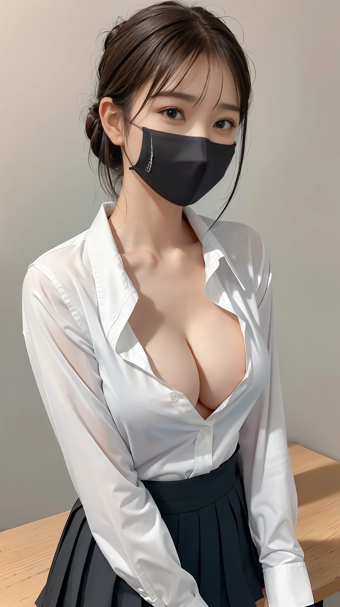 Young woman taking a selfie,( She is wearing a medical mask on her face.), She is looking straight into the camera lens.(Front Focus), (In the Dark:1.6), Hyperrealist Female Portrait by David Hockney and Alphonse Mucha, Fantasy art, Realistic, Dynamic Lighting, Art Station, Volumetric lighting, Highly detailed face, 4,000 yen, Awards, One Girl, In the Dark, Deep Shadow, moderate, Bust Shot, (Formal attire:1.4), short hair, Bobcut,Shiny black hair,(Huge, Ample breasts:1.2),White T-shirt,living room,Are standing,Fisheye Lens/