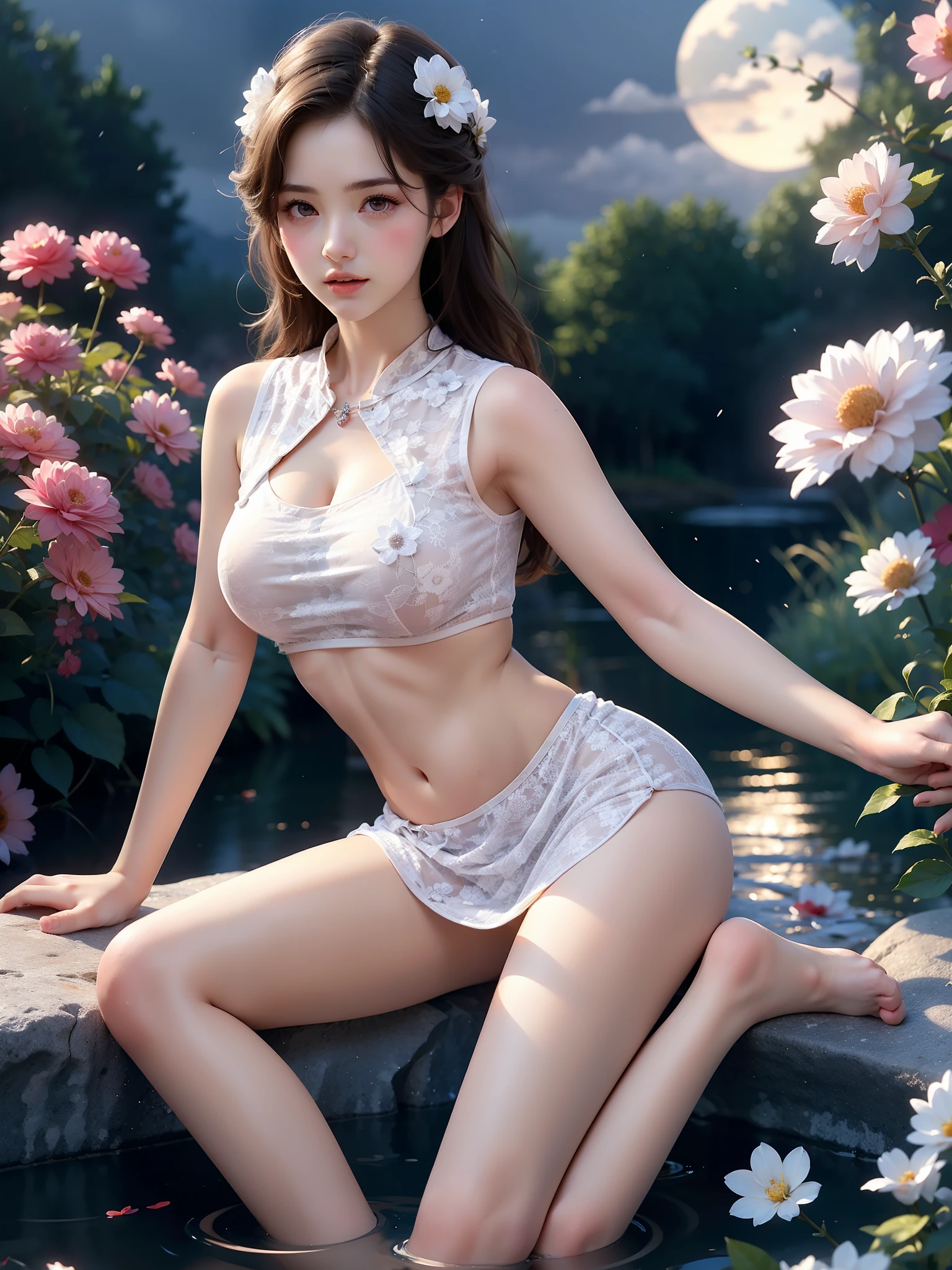 rc,midriff,print,chinese clothes, (High quality details), 1 girl, Solitary, Young women, Elegant Posture, ((night, moonlight)), (Curvy body，Lying in water naturally，River Water，rock, Relaxed expression), (Focus on natural body posture and correct anatomy:1.3), (Perfect leg proportions:1.3)，(True and accurate leg shape:1.2), ((Natural leg position)), One hand stroked the hem of the skirt, Lift the hem of your skirt, Bare shoulders, Natural posture, Soft expression, Exquisite makeup, Soft blush, Bright eyes, Soft lips, Flower fairy style, ((Anatomically accurate)), (Real and natural legs), Smooth skin, Soft lighting, high resolution, 8K Ultra HD, Clear focus, Professional photography effects, Random elegant scenes, Multi-angle shooting