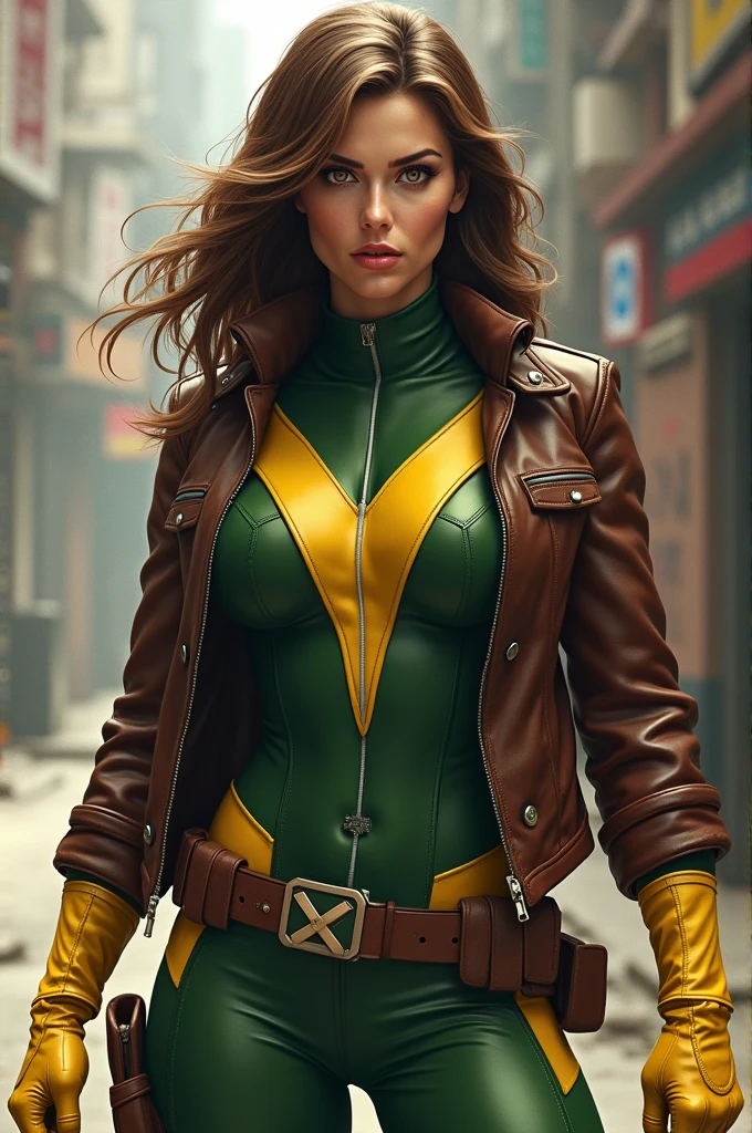 1girl, superhero, x-men, long brown hair with white streak, green headband, beautiful detailed eyes, beautiful detailed lips, extremely detailed face, yellow costume with green sides, brown jacket, belt, yellow gloves, yellow boots, (best quality,4k,8k,highres,masterpiece:1.2),ultra-detailed,(realistic,photorealistic,photo-realistic:1.37), dynamic pose, cinematic lighting, dramatic composition, vivid colors, comic book style