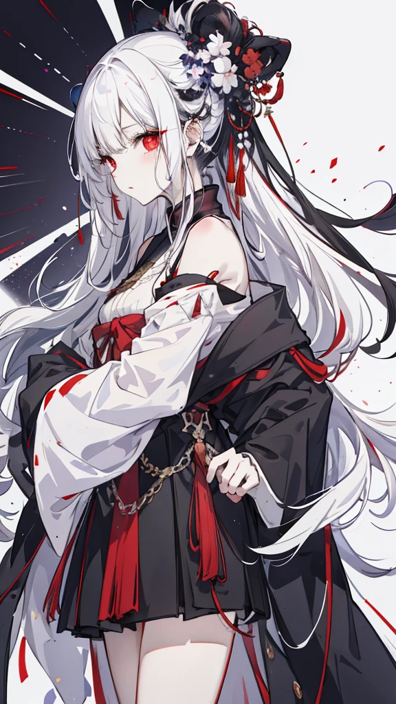 1girl, mudrock (arknights), red eyes, solo, long hair, horns, sailor uniform, serafuku, hair ornament, hair flower, candle, pointy ears, breasts, white hair, oripathy lesion (arknights), infection monitor (arknights), bangs, bare shoulders, full body, standing, mudrockdefclass, 2horns,