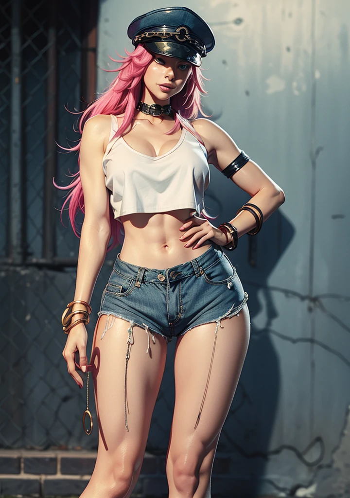 masterpieceHigh quality CG, The best quality, perfect picture, 1 beautiful woman, poison (sf), smiling, SEXY BREASTS, sexy ass, peaked cap, neck, green crop top, denim shorts, back view, flirtatious look