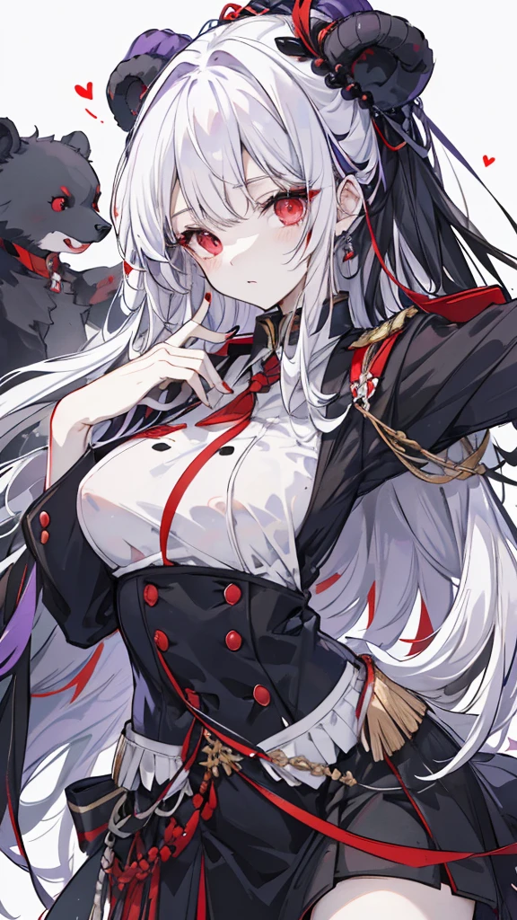 Black Bear，Two-tone hair，The right half is white hair，The left half has black hair，There is a white V in the middle of the hair，Red eyes，slim figure，black military uniform，Purple披肩，white collar，Purple