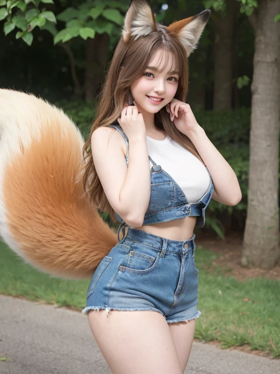 ((Highest quality, 8k)), ((masterpiece)), (Highest Resolution), Perfect Face, fox-eared woman, Female college student, Beautiful woman, Photographed in the public, Only one tail, she has thick thighs, Her big fox tail, Her fox tail is long, She wags her tail, Fur collar, She is wearing denim uniform, Plump Breasts, Beautiful Hips , Her fox tail sticks out, Smile, a tail
