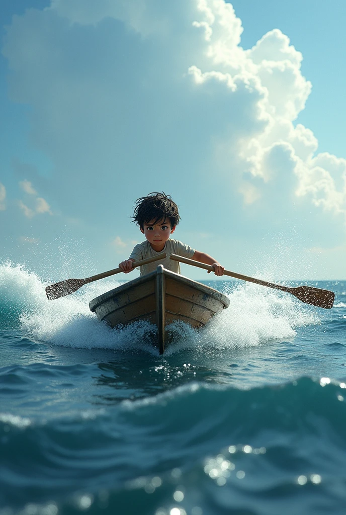 Kai is a lean, wiry teenager with tanned skin from long days spent under the sun. His hair is dark and unruly, onboard at holding the mast ..The ocean unleashing its fury, with towering waves crashing violently against a tiny boat, tossed around like a leaf in the wind."**