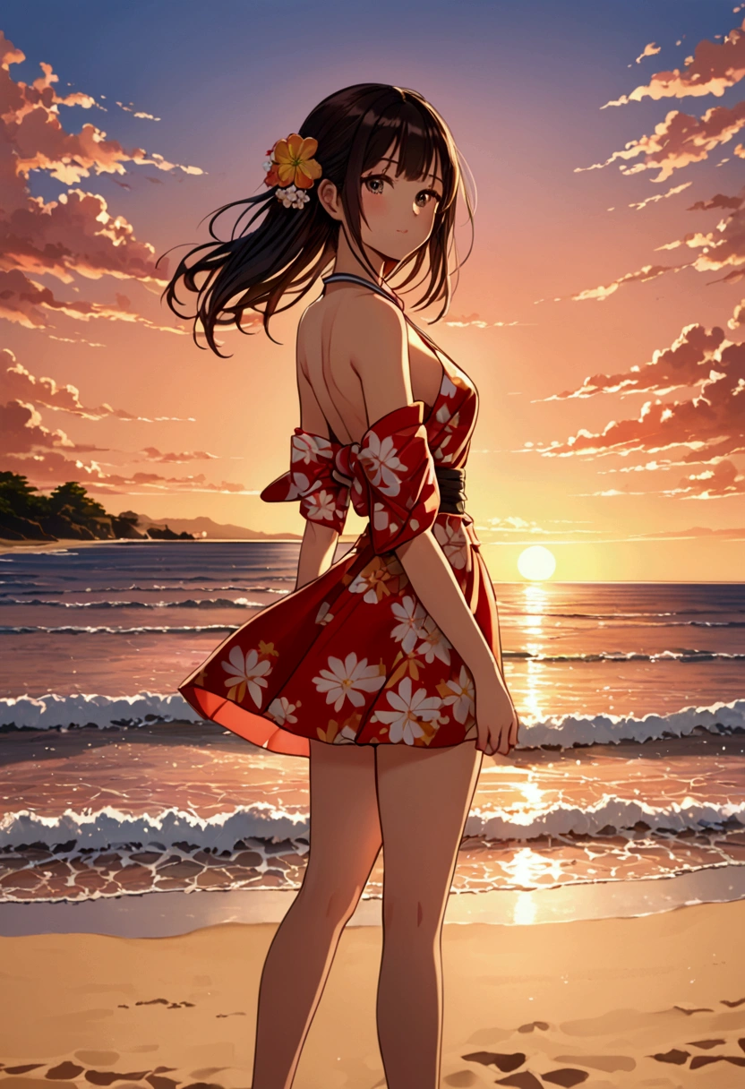 masterpiece, Beautiful beach views, cloudy, moon, at night,beautiful girl,Red dress,Sleeveless,Small breasts,Flat chest,Slender beauty,((Highest quality)), (Very detailed), (High-definition CG synthesis 8k wallpaper), 高いly detailed, 高い-definition raw colbor photos, Professional photography, Written boundary depth,