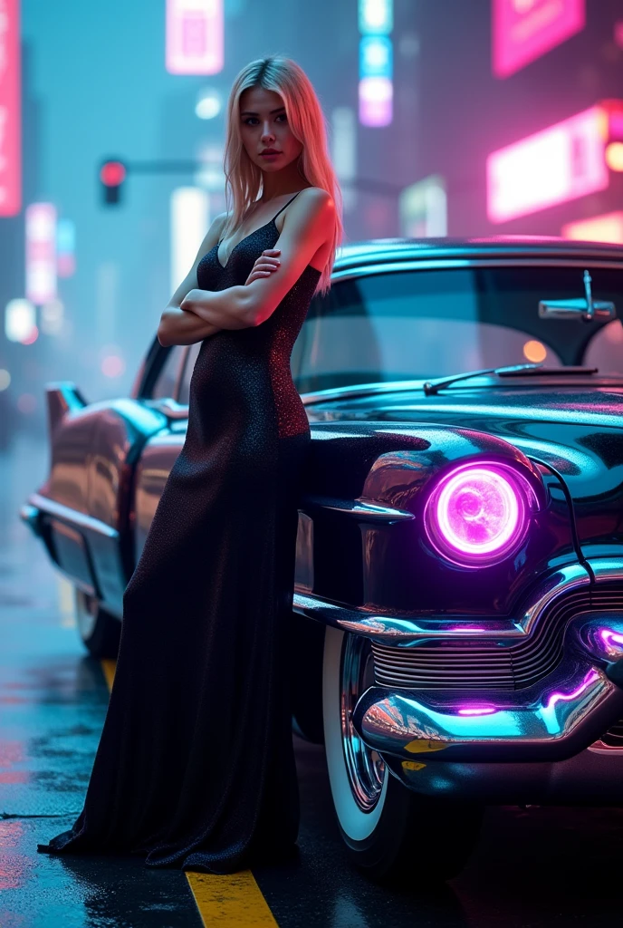 [Subject: Cyberpunk Marilyn Monroe in Futuristic "Revenge Black Dress"] A high-resolution, cinematic Instagram image featuring a cyberpunk-inspired Marilyn Monroe making an unforgettable entrance in the most daring and futuristic "revenge black dress." The model is stepping out of an ultra-sleek, futuristic car with gull-wing doors, its surface reflecting the neon lights of the city. Her dress is an avant-garde masterpiece: a form-fitting, high-slit black dress made of a liquid-like, reflective material that flows and shifts colors subtly as she moves. The dress is adorned with glowing, pulsating neon accents that trace the contours of her body, highlighting its silhouette with a digital, holographic aura.

Her hair is styled in a modern twist on her classic look, with neon streaks woven through voluminous waves. The dress features sharp, angular cutouts on the sides and back, revealing just enough skin to be provocative, with LED-lit seams that give the dress an almost alive, otherworldly glow. She accessorizes with statement cyber jewelry, including a glowing choker and oversized, geometric earrings that pulse in sync with the dress.

Surrounding her are her girlfriends, each dressed in similarly futuristic, fashion-forward outfits, all stepping out of the car in unison, creating a powerful, iconic image. The background is a neon-lit cityscape, with towering skyscrapers and holographic advertisements flickering in the distance, adding to the scene’s cinematic intensity. The lighting is dramatic, with a focus on the reflective surfaces of the dress and car, capturing every detail with precision.

[Lighting: Dramatic neon with high-contrast reflections] [Camera: Wide-angle shot capturing the full scene, focusing on the model and her friends] [Resolution: 8k, hyper-realistic] [Style: Cyberpunk glamour, futuristic high fashion, Instagram aesthetic] [Inspiration: Marilyn Monroe, Cyberpunk 2077, Iconic Revenge Dress].
