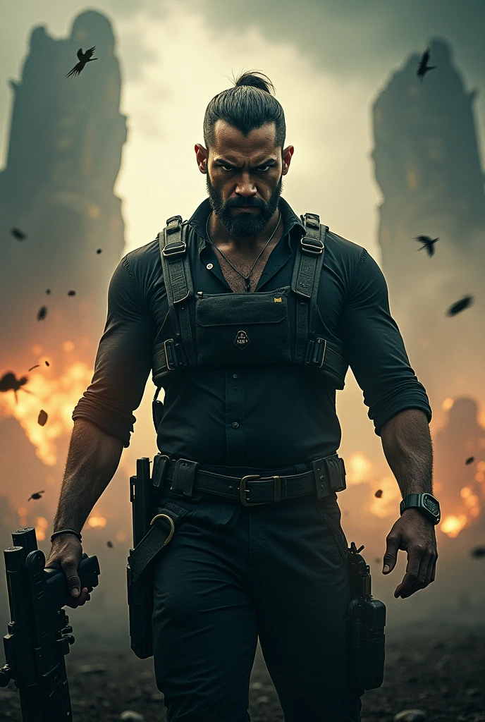 Best quality, masterpiece, ultra high res, photorealistic:1.5, raw photo,ultra reality, bearded man, short hair, a man standing on a pile of dead humans, wearing a gray shirt,holding knives in both hands, bloody hands, injured, some bruises, fighting, in the city, cinematic lighting