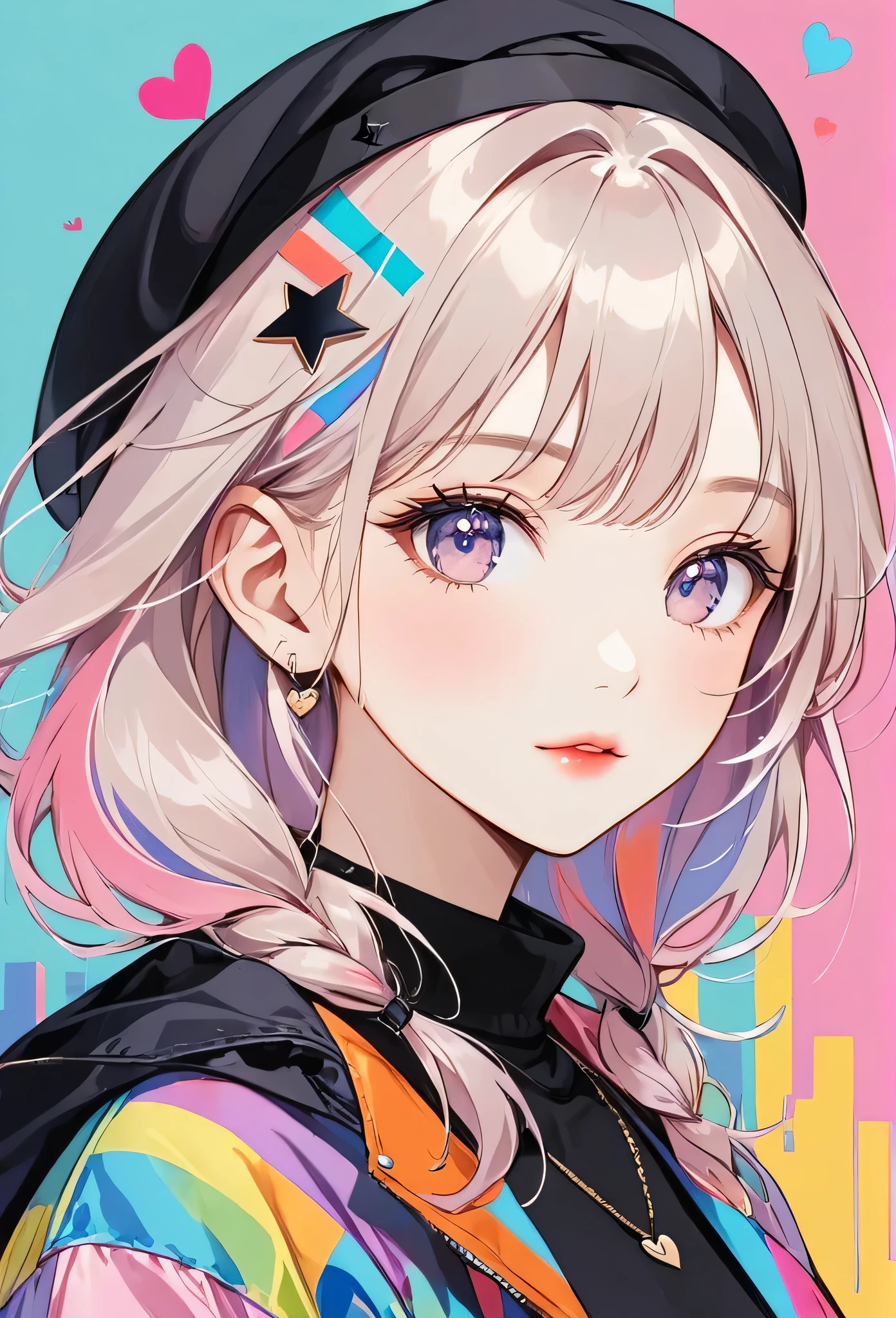 Black Star pastel color style, Simple Line Initialism，Abstract art，Urban Background, (((The most beautiful girl of all time))), Sweet face. Lips in love, colorful hearts, stylish design