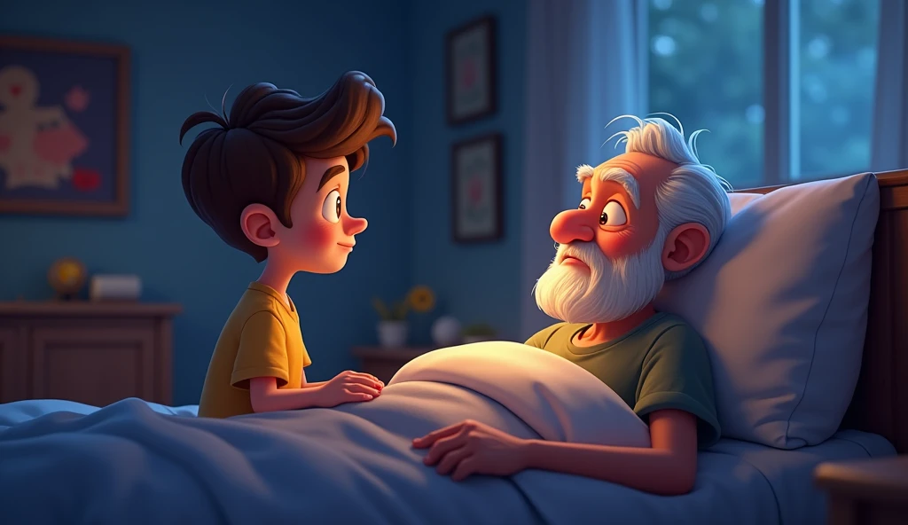 An image of a child crying upon seeing his grandfather lying in his bed