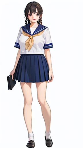 Beautiful Anime Girls, young, Teacher Lookbook、(((Full body image)))、(((smile)))、Open your mouth a little、Micro Mini Skirt、Ultra mini skirt、ponytail、Braids、Long Hair、(((Big Breasts)))、Japanese、low length、((Best Quality、8k、masterpiece:1.3)),((((Full Body Shot)))),Ultra-high resolution、Sailor suit、A skirt so short that you can see your underwear、Chubby