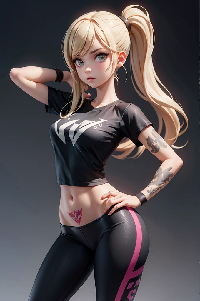1 Nordic woman, full body, Blonde, Long Hair, Braid, Wearing a black tank top, Wearing black half-tights, Wearing long leather socks, Finger Removal Gloves, Make a fist., Pro wrestling in the background, Muscular, Tight waist, Big Breasts, smile, Surrealism, cinematic lighting, cowboy shot, UHD, retina, masterpiece, accurate, anatomically correct, textured skin, super detail, high details, high quality, award winning, best quality, highres, HD, 8k