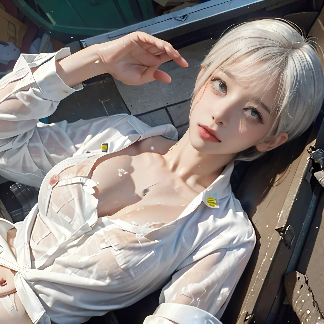 big breast,rainbow color hair,short hair,20 years old white woman,(sexy posing),(location is garbage dump:1.4),(sunny:1.4),wet,sweat,(one woman),(one man),(woman full body shot),masterpiece,8k,realistic,perfect anatomy,(white unbutton torn shirt and lingerie:1.4),(sfw:1.4),(spurt of semen:1.4),