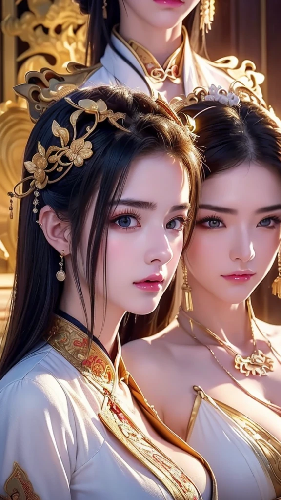 3girls, masterpiece, Best Quality, Illustration, Ultra-detailed, finely detail, hight resolution, 8K Wallpaper, Perfect dynamic composition, Beautiful detailed eyes , Sexy face,Face feeling ecstasy,Face at the peak of sexual arousal, looking at viewer, ((ancient chinese background)), in the style of Mark Demsteader, silver metal body armour, huge breast, dark long hair, perfect slim body, abs, hair ornament, sharp ears