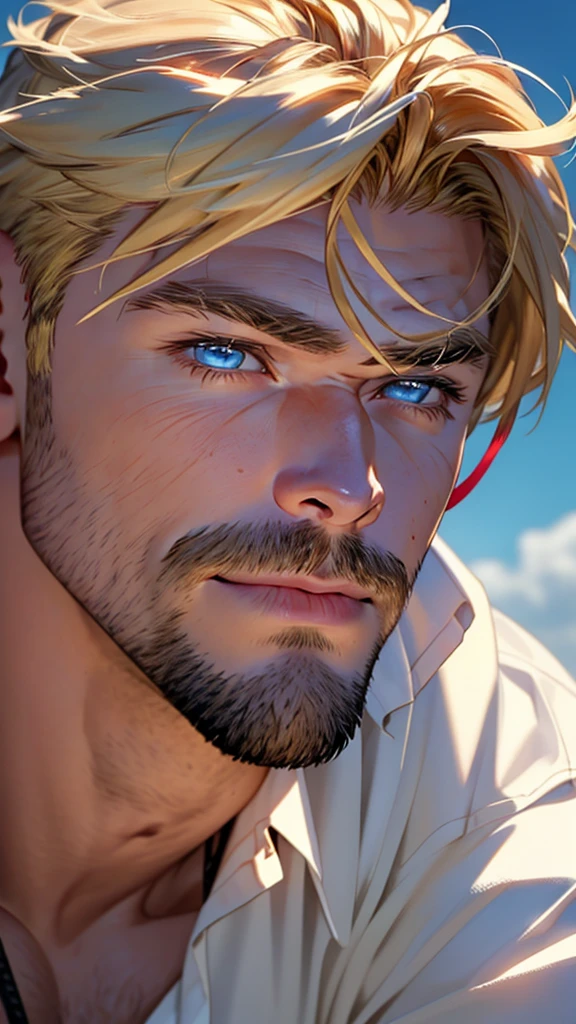 (masterpiece, best quality ), 1man chris hemsworth, muscular, short hair, blue eyes, blonde, cute, small mustache