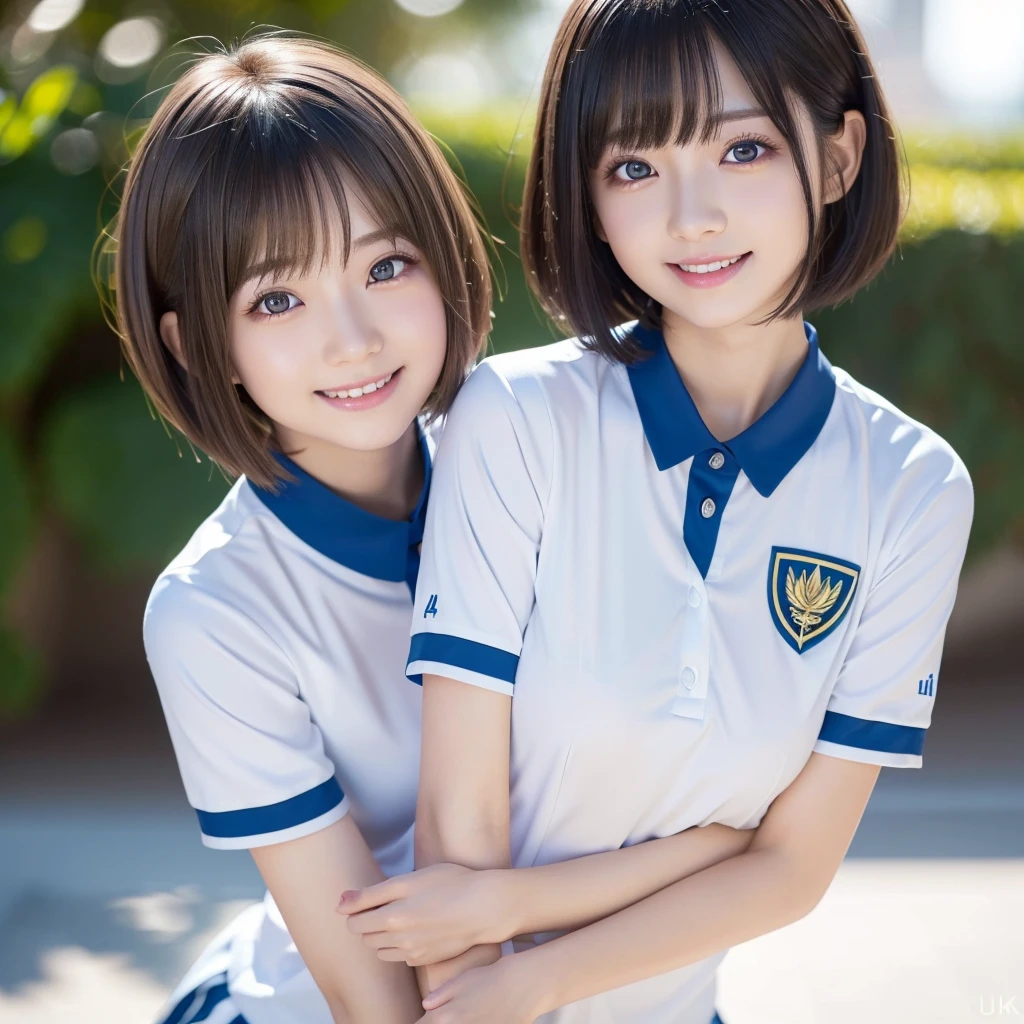 (2girls:1.5), (a detailed full-body RAW photo of a girl), (masutepiece:1.0), (Best Quality:1.4), (超A high resolution:1.2), (Photorealistic:1.4), 8K resolution, Canon EOS R5, 50 millimeters, absurderes, ultra-detailliert, (25year old), Sharp Focus, Cinematic lighting, Detailed beautiful face, (no-makeup:1.2), (ulzzang -6500-v1.1), petite figure, Detailed skin texture, Suntan skin, flat chest, (skinny and fit body:1.6), Thigh gap, Detailed brown hair, sweltering,(Very short hair:1.5), realistic glistening skin, (Sweating:1.45), Heavy breathing, a sultry, (small tits, Cameltoe), (Japan National Team Players, flat chest:1.5), well-developed abdomen, Wet body, (small tits:1.5), (Japan schoolgirl:1.5), (dark tanned skin:1.5), (Blue nike competition lacrosse uniform:1.5), (wet polo-shirts:1.5), (through skin colours from polo-shirts:1.5), (Photo of beautiful 20 year old Japan girl  at school), Full body, (school girl:1.5), (erect nipples:1.1), full body, (smile:1.5), (hug each other tightly:1.3), (full body:1.5), (just before kissing:1.5), (don't touch lips each other:1.5), (wet body:1.5), (wet skin:1.3), highschool lacrosse team, (mini skirts:1.5), (upskirts), (sun tan and tan line:1.5), (backlight:1.0), (japanese girls:1.5), best friends, (mogic hour:1.5), (sweat and wet body, see-through skin colours:1.5), (one girl wearing japanese school uniform:1.5)